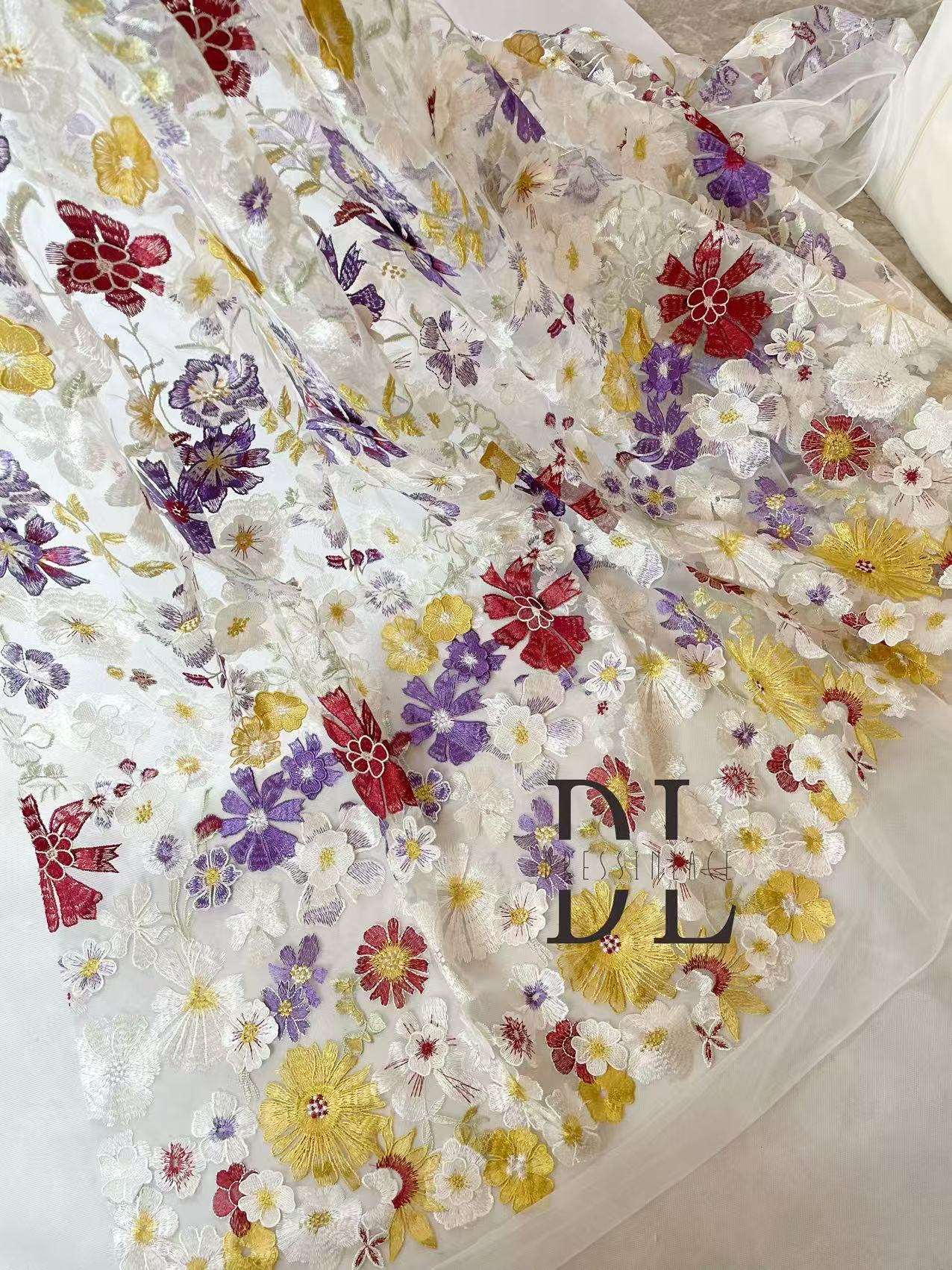 DL130233 Colorful 3d flowers embroidery lace fabric for bride wearing dresses, veils and home textiles