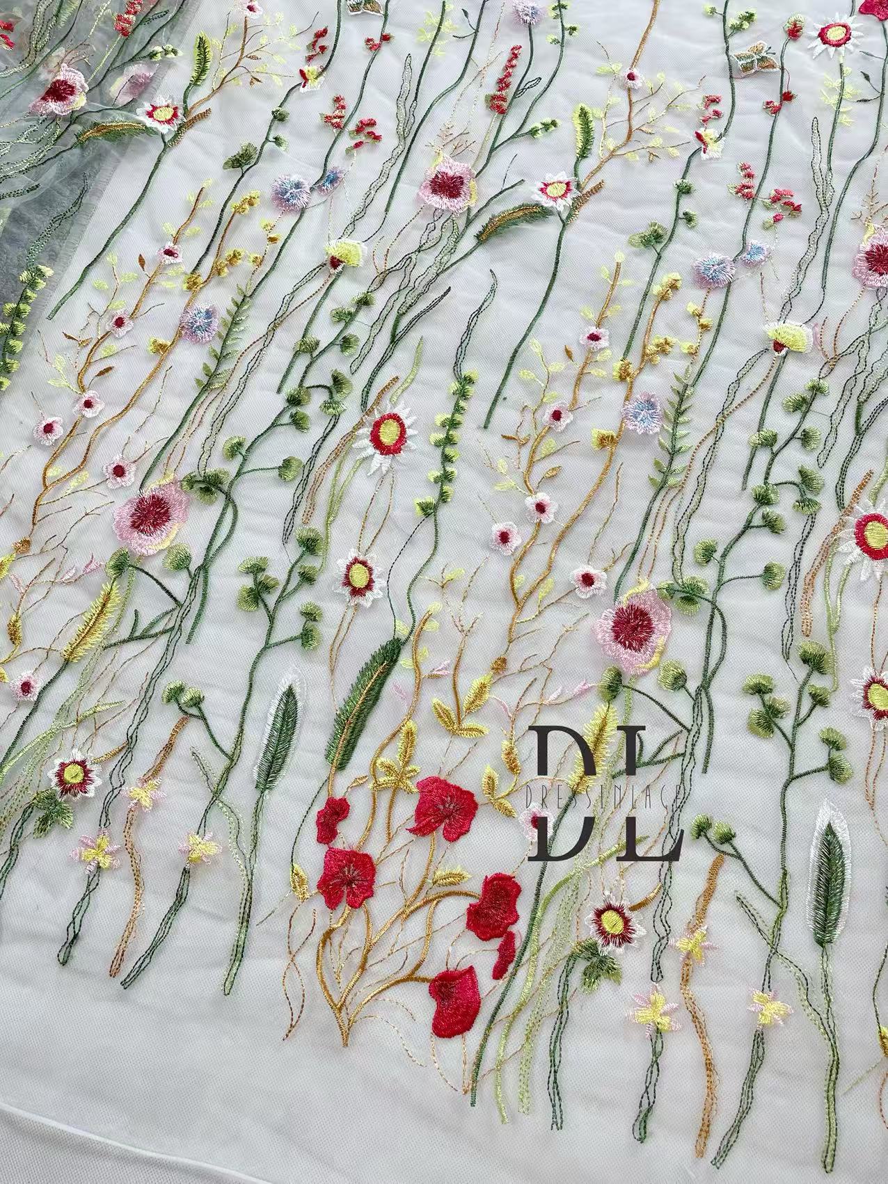 DL130232 Colorful flower embroidered lace fabric for bride wearing dresses, veils and home textiles