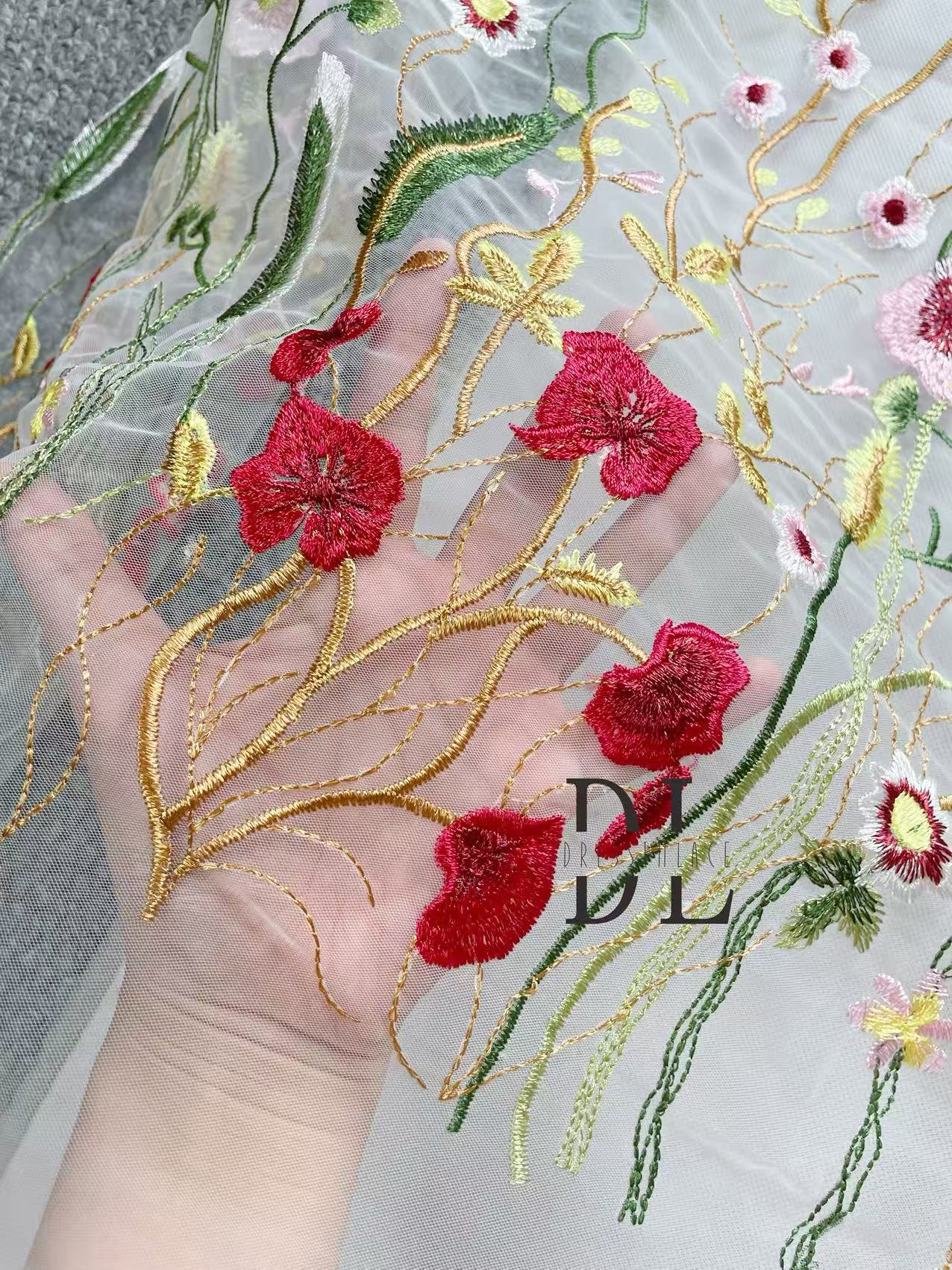 DL130232 Colorful flower embroidered lace fabric for bride wearing dresses, veils and home textiles