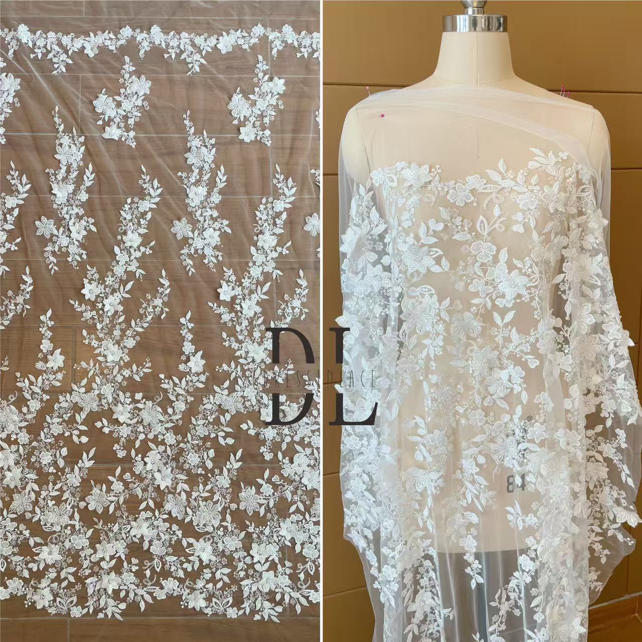 DL130227 Embroidered 3d flowers lace fabric with beads and sequins for wedding dress, noiva dresses, width 130cm