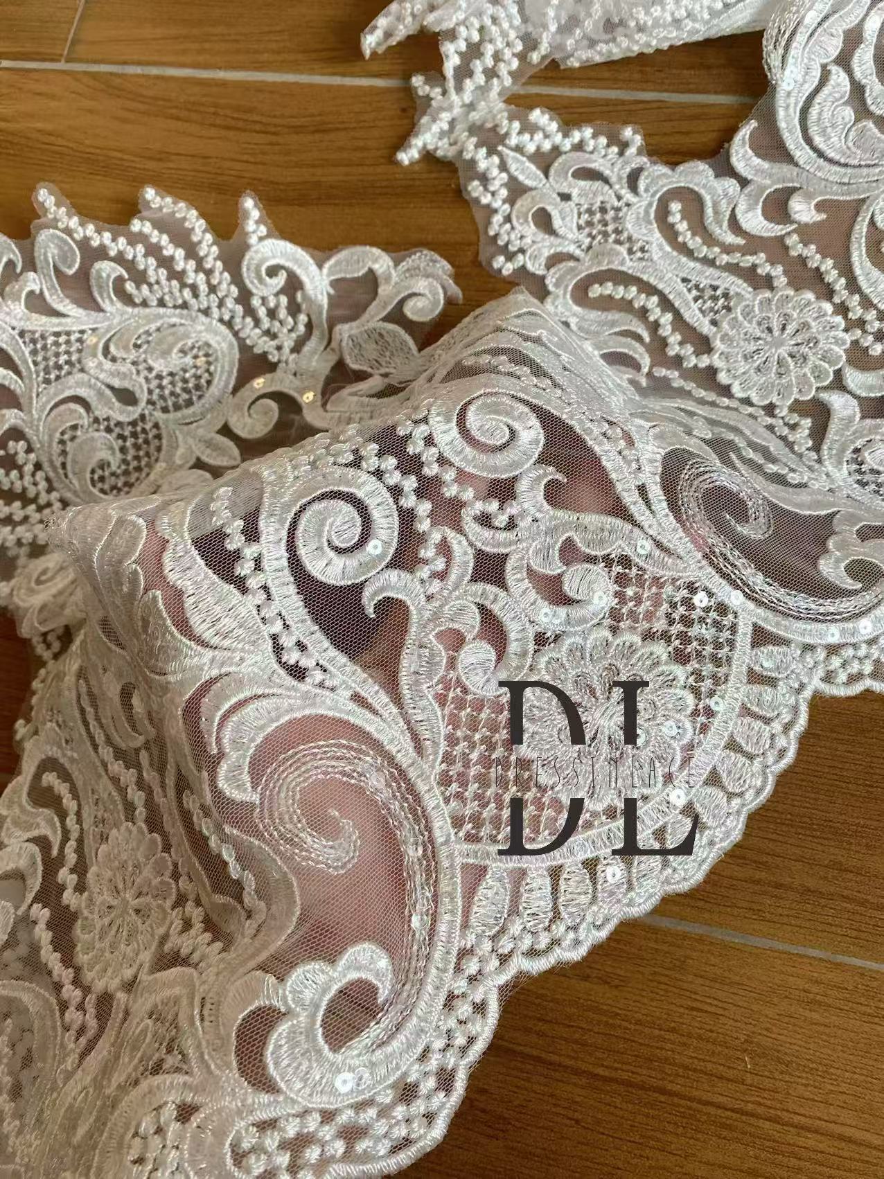 DLX53224 Sequins Trimming Lace - embroidered lace fabric for bridal wedding dresses