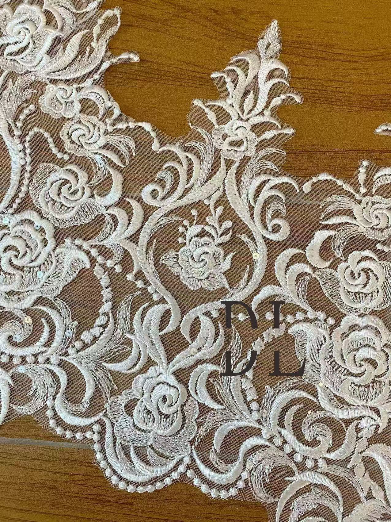DLX43270 Sequins Trimming Lace - sequins only, Embroidered rose flower pattern for wedding dresses, bridal DIY fabrics