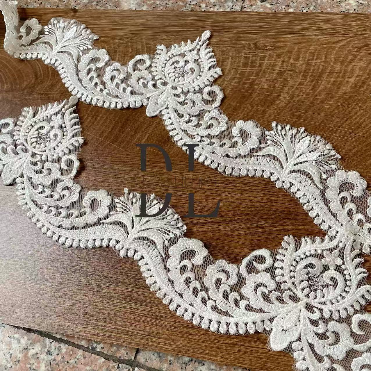 DLX11259 Embroidered Trimming Lace with beads and sequins for bridal veils, wedding accessories