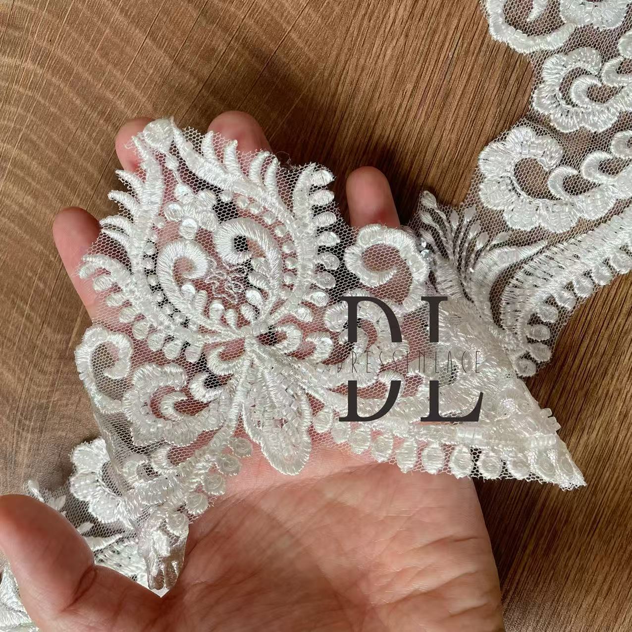 DLX11259 Embroidered Trimming Lace with beads and sequins for bridal veils, wedding accessories
