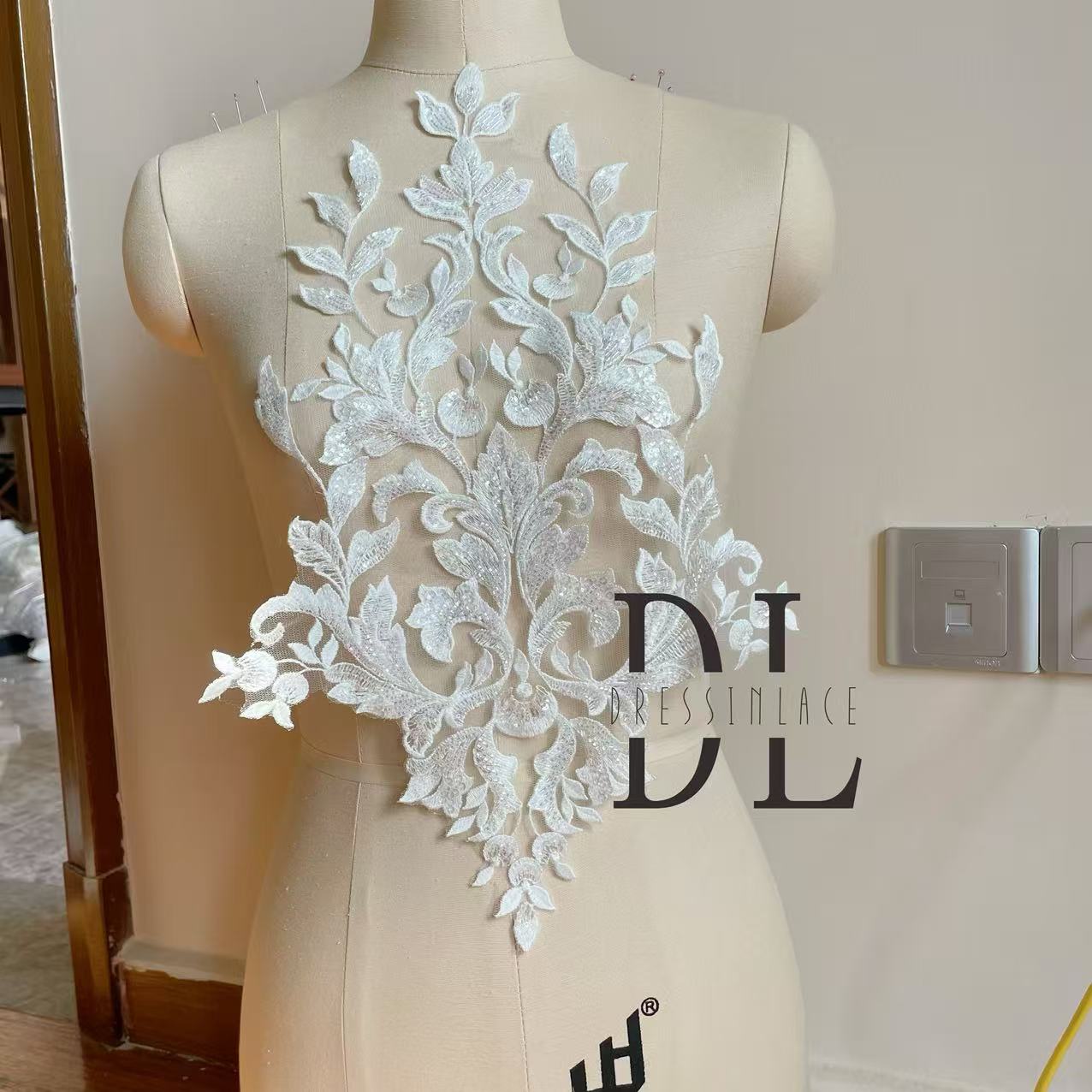 DLM2327 embroidered lace appliques with beads sequins for Bride wedding dresses Lace motifs, bridal veils accessories