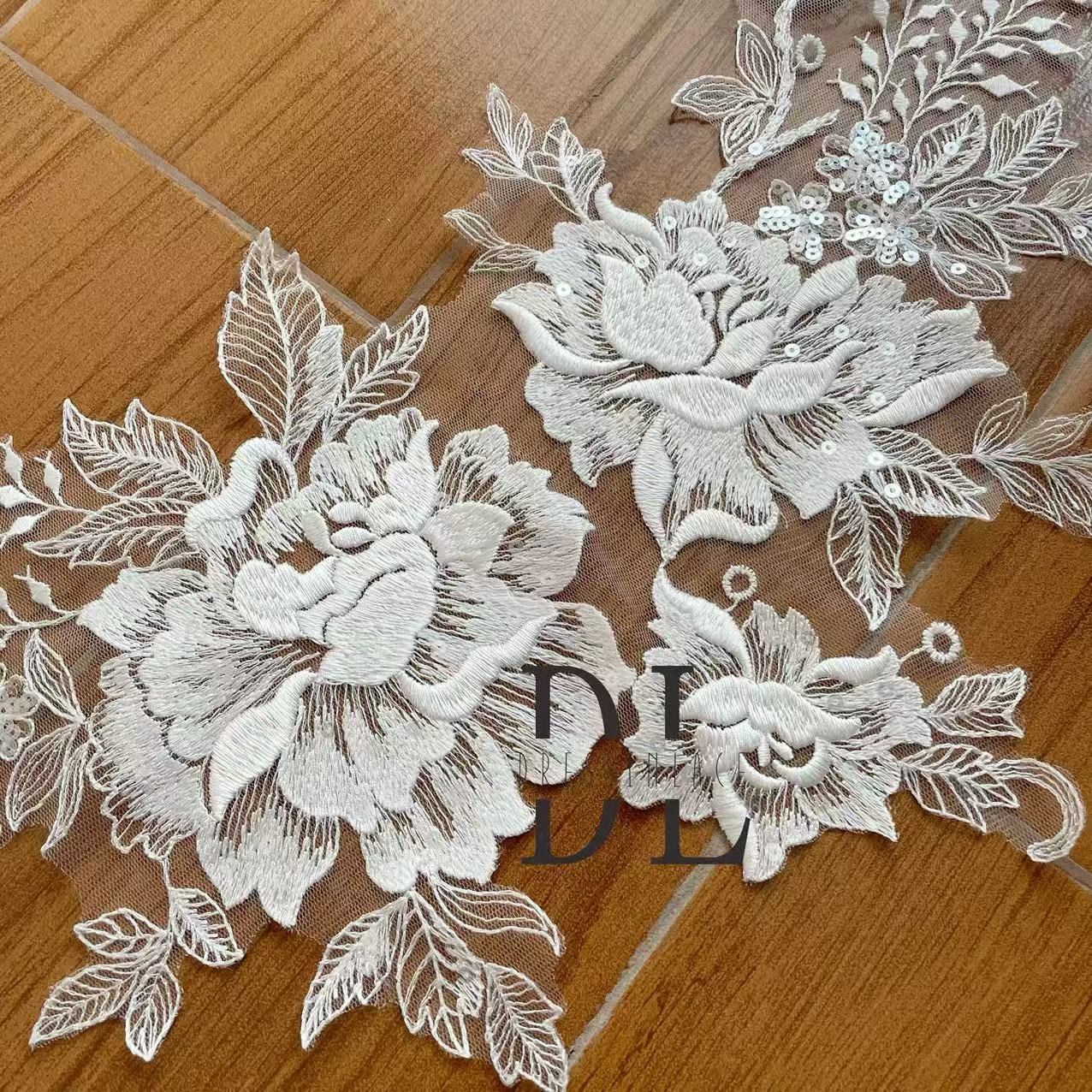 DLM2330 embroidered lace appliques with sequins for Bride wedding dresses Lace motifs, DIY bridal veils accessories