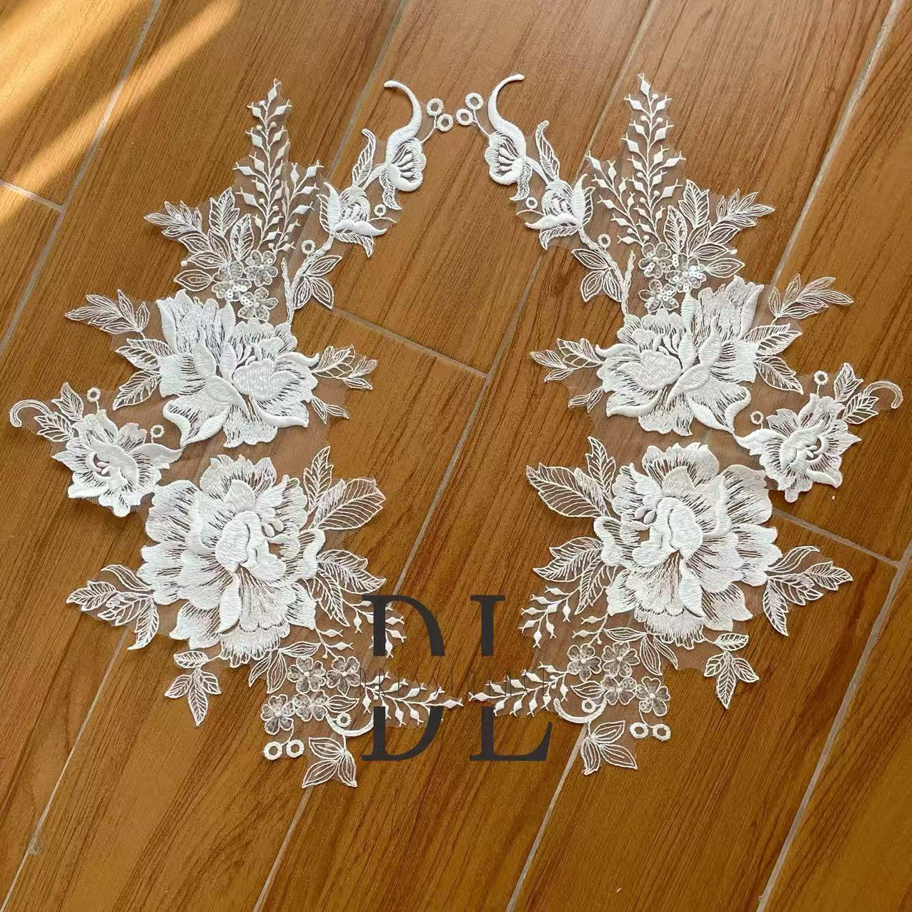 DLM2330 embroidered lace appliques with sequins for Bride wedding dresses Lace motifs, DIY bridal veils accessories