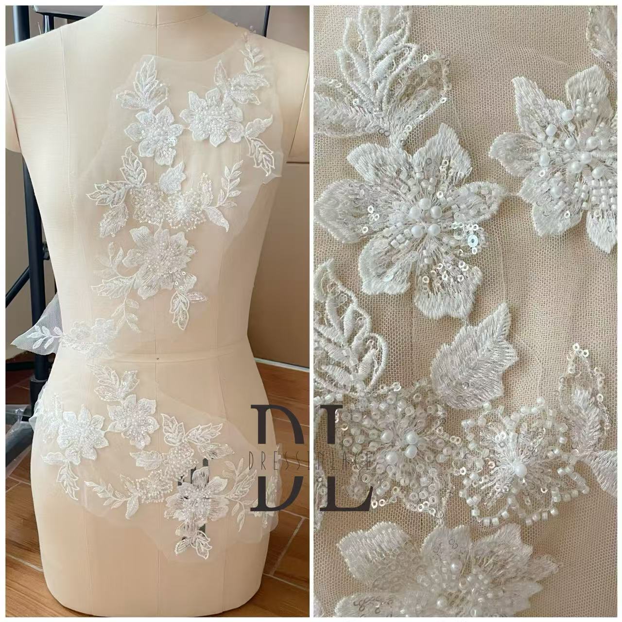 DLM2333 Beaded lace appliques for DIY designers custom wedding dresses accessories, clothes, textiles