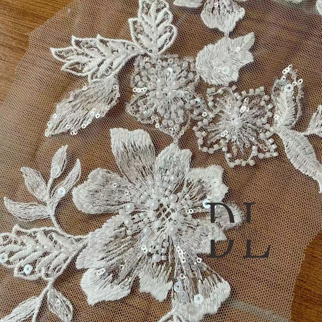 DLM2333 Beaded lace appliques for DIY designers custom wedding dresses accessories, clothes, textiles