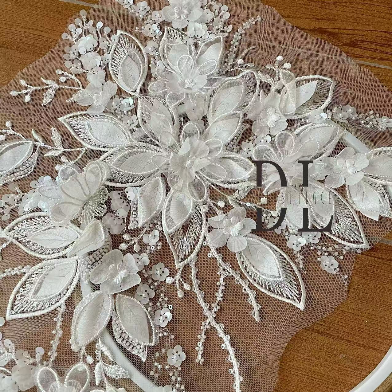 DLM2335  3d flowers lace appliques with beads sequins for Bride wedding dresses Lace motifs, bridal veils accessories