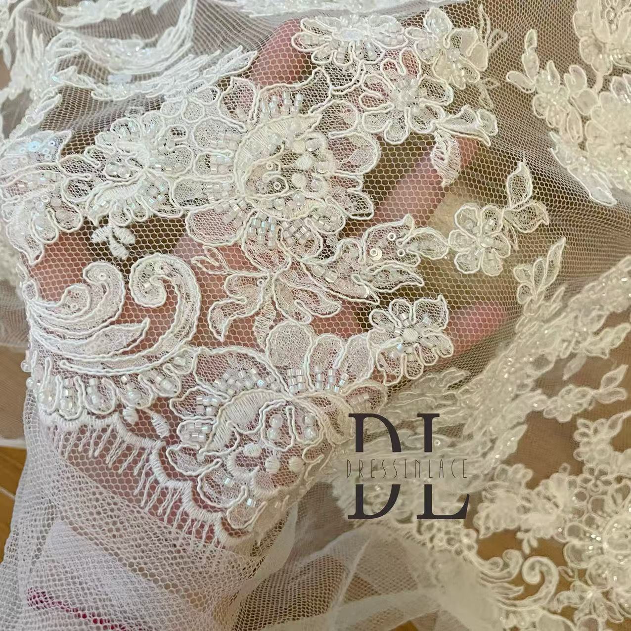 DL130248 New and special Bridal lace fabric with beads and sequins for bridal wedding dresses, boho dresses