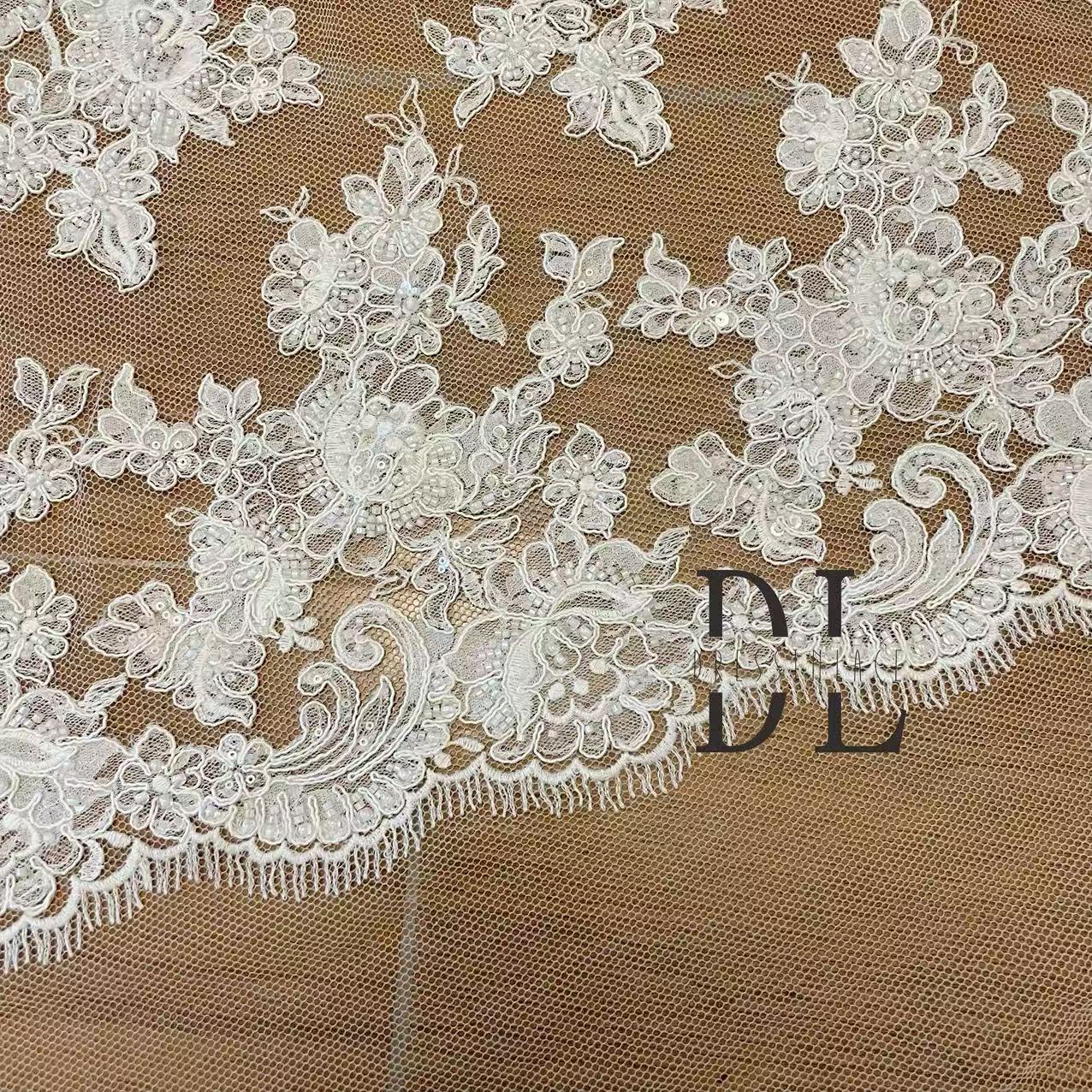 DL130248 New and special Bridal lace fabric with beads and sequins for bridal wedding dresses, boho dresses