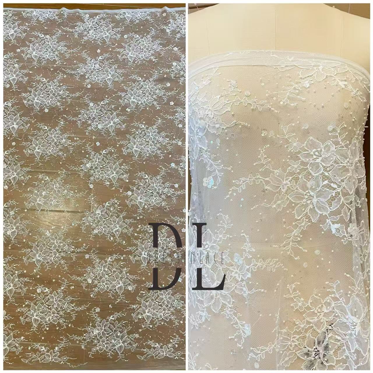 DL130249 Bridal lace fabric with beads and cording for bridal wedding dresses, boho dresses