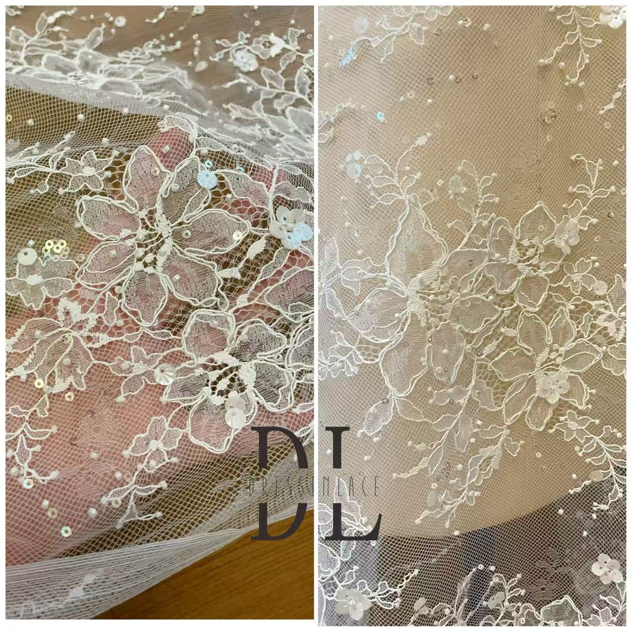 DL130249 Bridal lace fabric with beads and cording for bridal wedding dresses, boho dresses