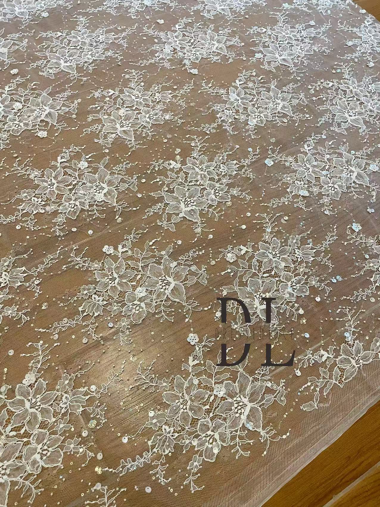DL130249 Bridal lace fabric with beads and cording for bridal wedding dresses, boho dresses