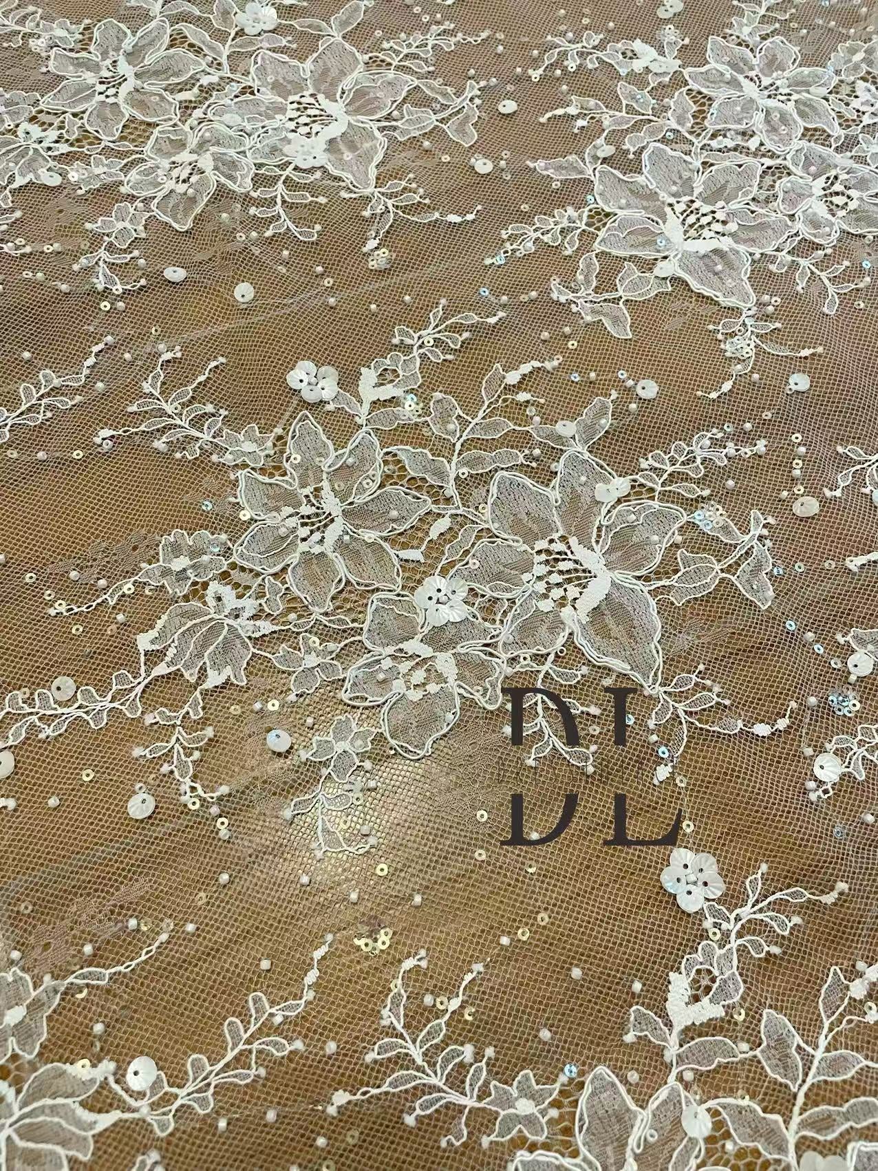 DL130249 Bridal lace fabric with beads and cording for bridal wedding dresses, boho dresses
