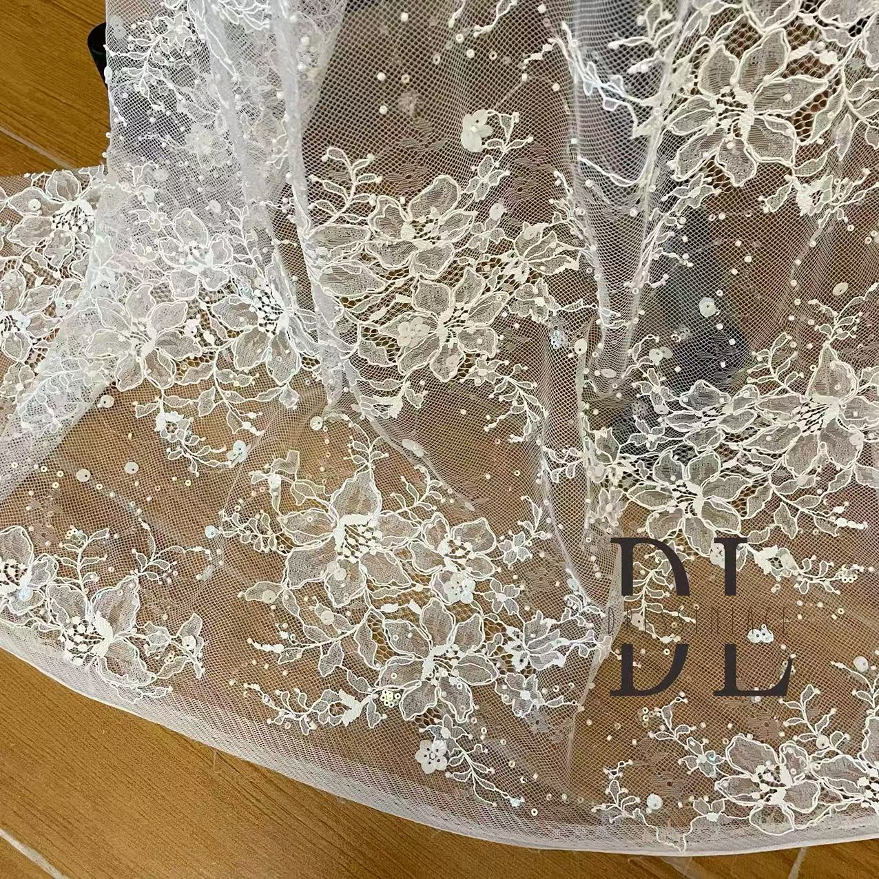 DL130249 Bridal lace fabric with beads and cording for bridal wedding dresses, boho dresses