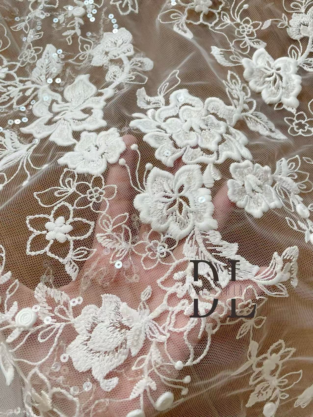DL130253 Floras style of wedding lace fabric sequins for bridal wearing, width 130cm