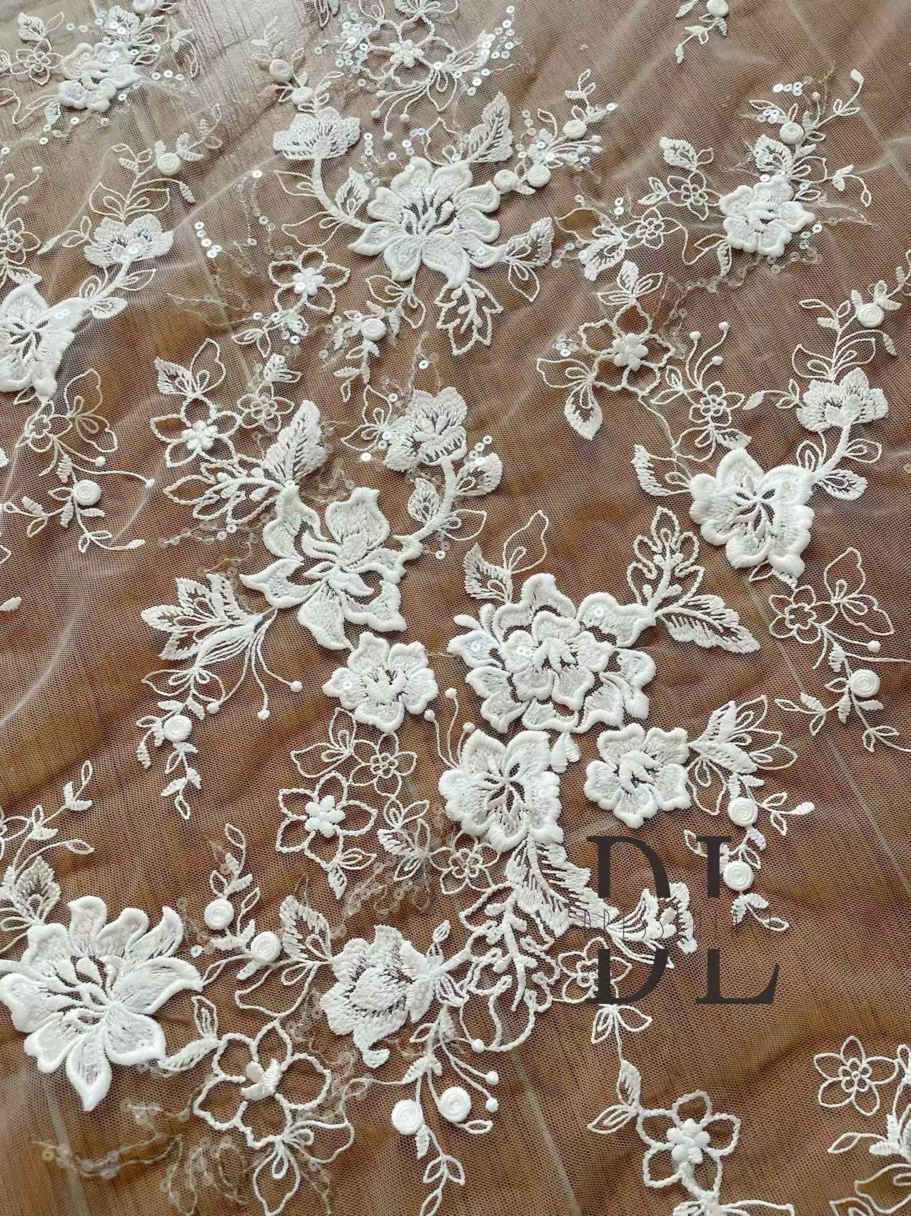 DL130253 Floras style of wedding lace fabric sequins for bridal wearing, width 130cm