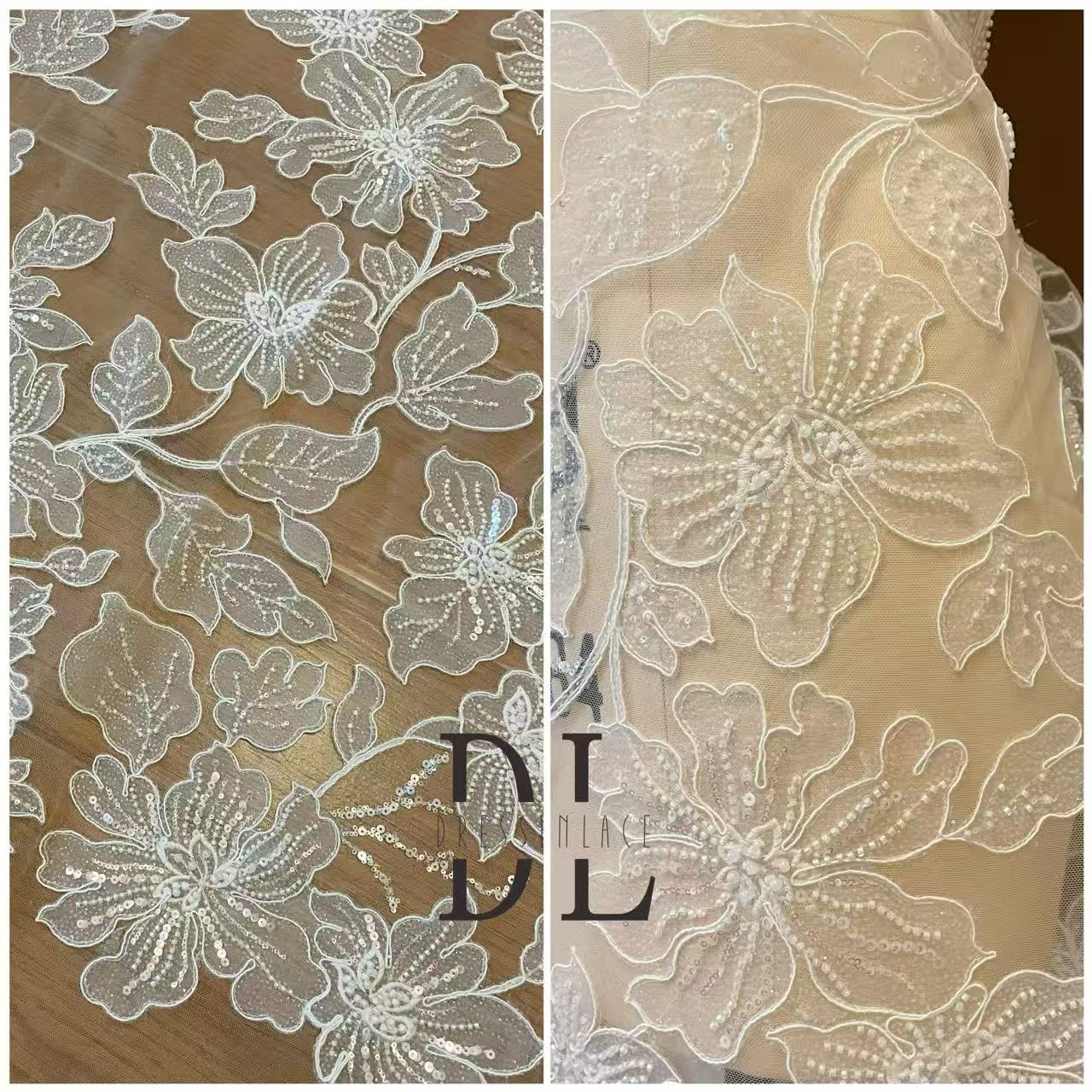 DL130254 Shine bridal lace with pearl beads and sequins for designers diy wedding dresses