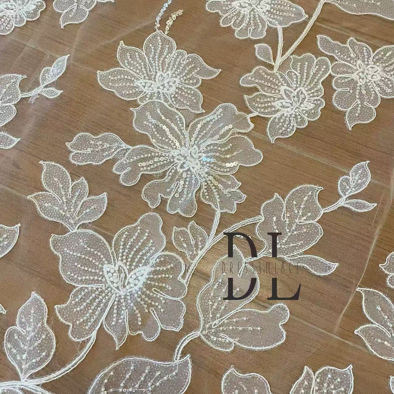 DL130254 Shine bridal lace with pearl beads and sequins for designers diy wedding dresses