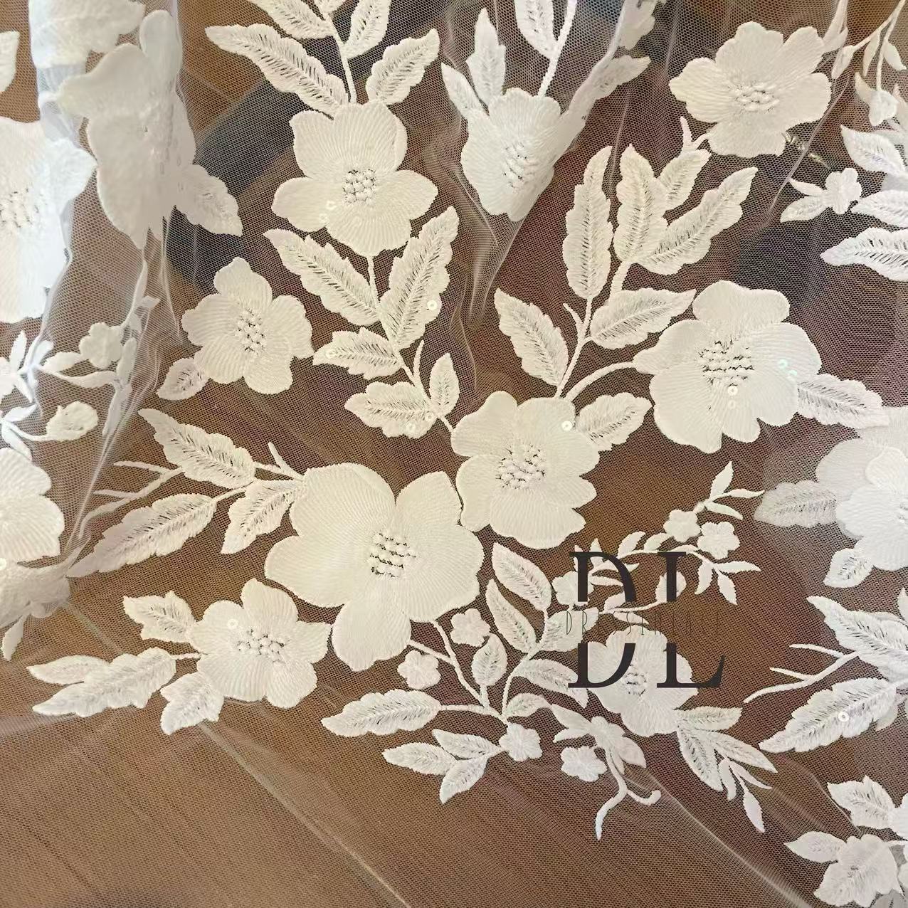 DL130255 High quality Bridal lace fabric with sequins for formal gowns, wedding dresses, DIY bride veils