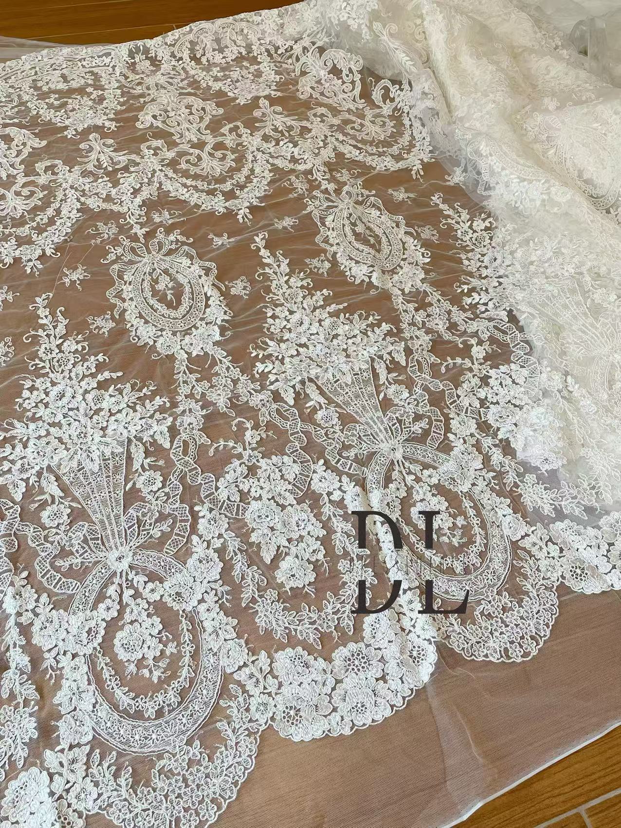 DL130242 Corded wedding lace fabric sequins for bridal wearing, width 130cm