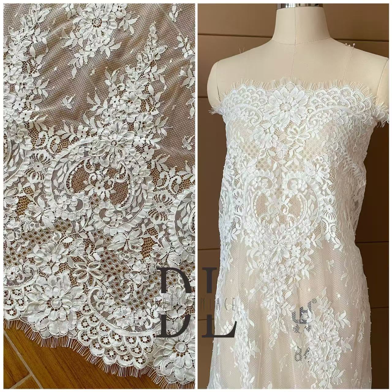 DL15104 Boho Fabrics Delicada tela de encaje Chantilly para vestidos de novia: material de pestañas suave y exquisito 