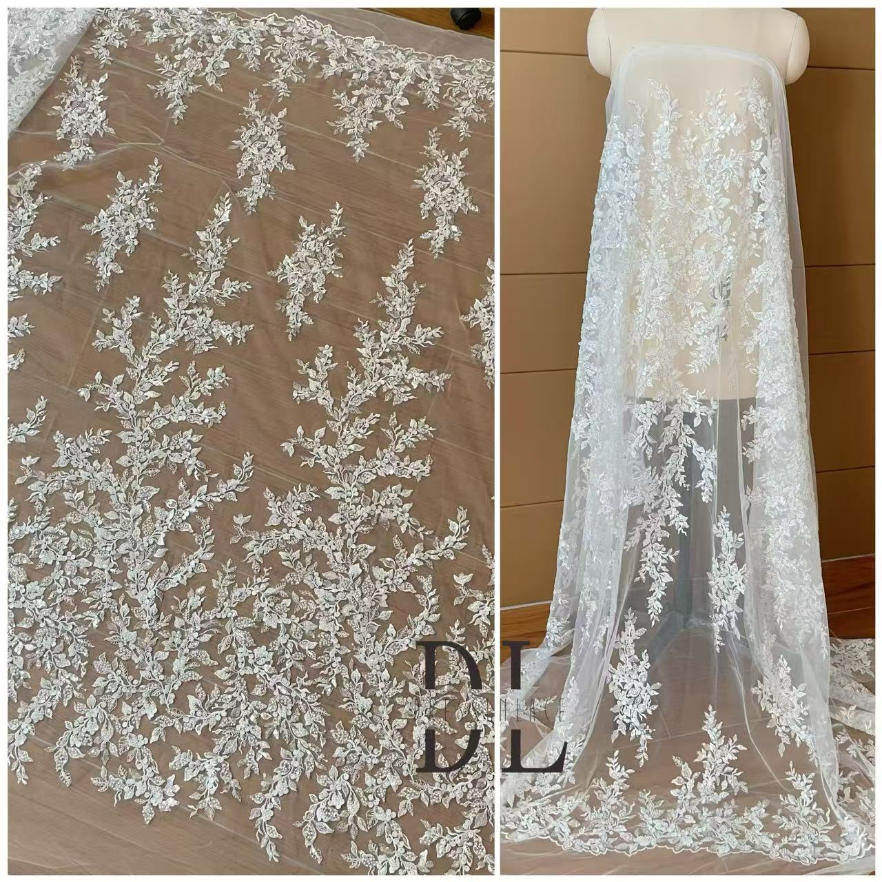 DL130258 high quality embroidered Lace Fabrics with beads and sequins for bridal Wedding Dresses, DIY designers formal dresses