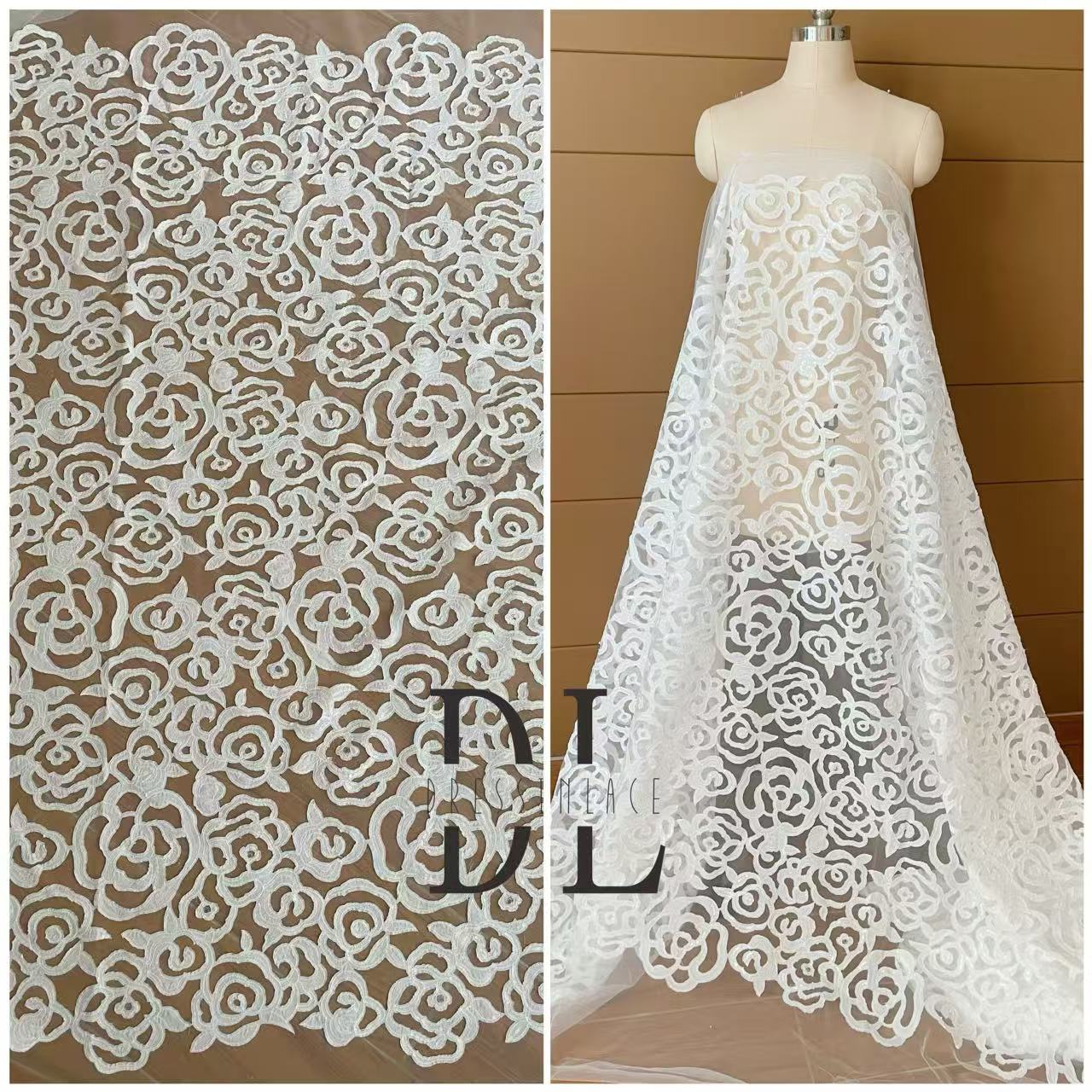 DL130257 Satin rose lace fabrics with sequins for bridal gown, noiva dresses, width 130cm
