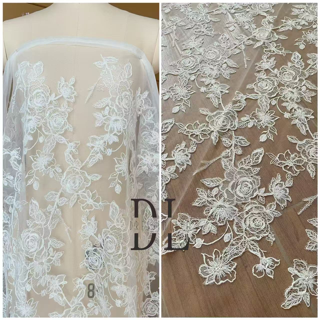 DL130256 High quality Rose pattern Bridal lace fabrics for formal gowns, wedding dresses, DIY bride veils