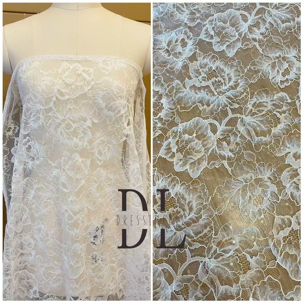 DL130262 Bridal lace fabric with sequins for formal gowns, wedding dresses, DIY designer clothes