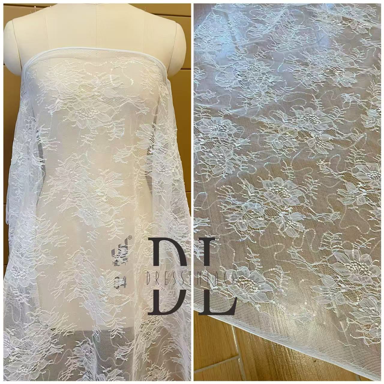 DL130263 Bridal lace fabric with sequins for formal gowns, wedding dresses, home textiles accessories