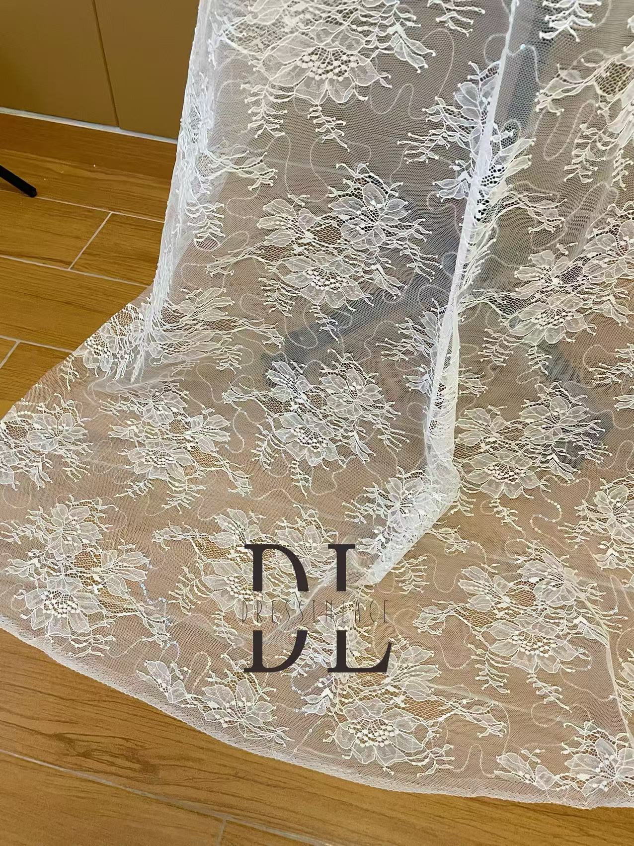 DL130263 Bridal lace fabric with sequins for formal gowns, wedding dresses, home textiles accessories