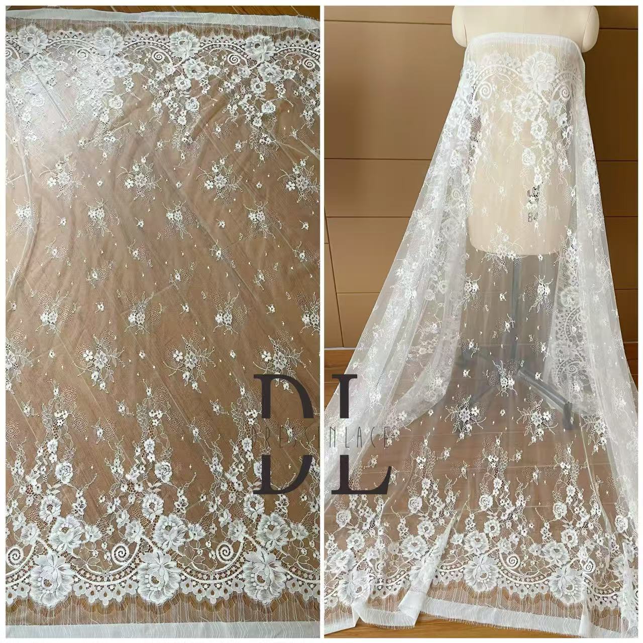 DL15104 Boho Fabrics Delicada tela de encaje Chantilly para vestidos de novia: material de pestañas suave y exquisito 