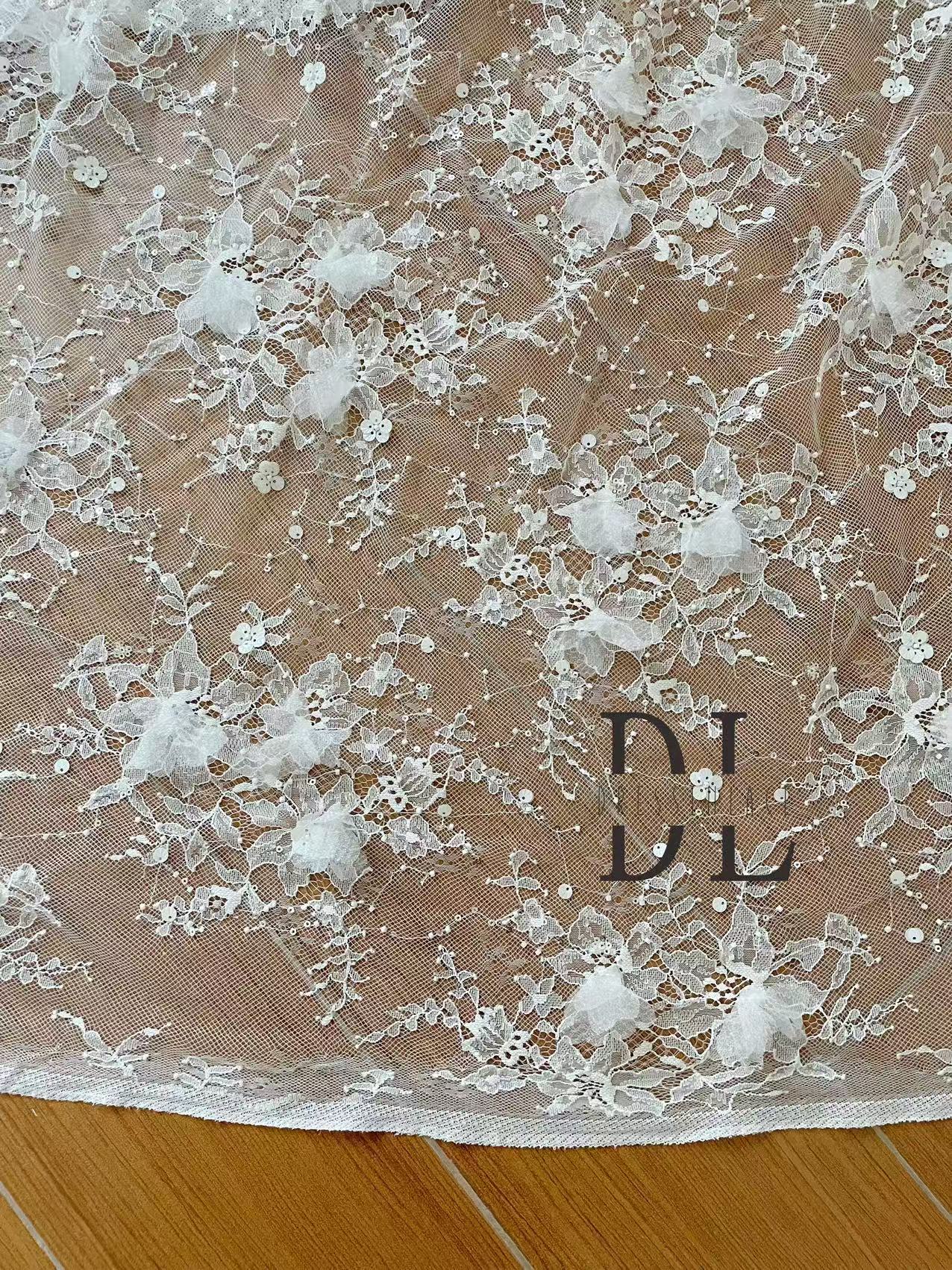 DL130264 3d flowers lace fabric with beads and sequins for formal gowns, wedding dresses, DIY designer clothes