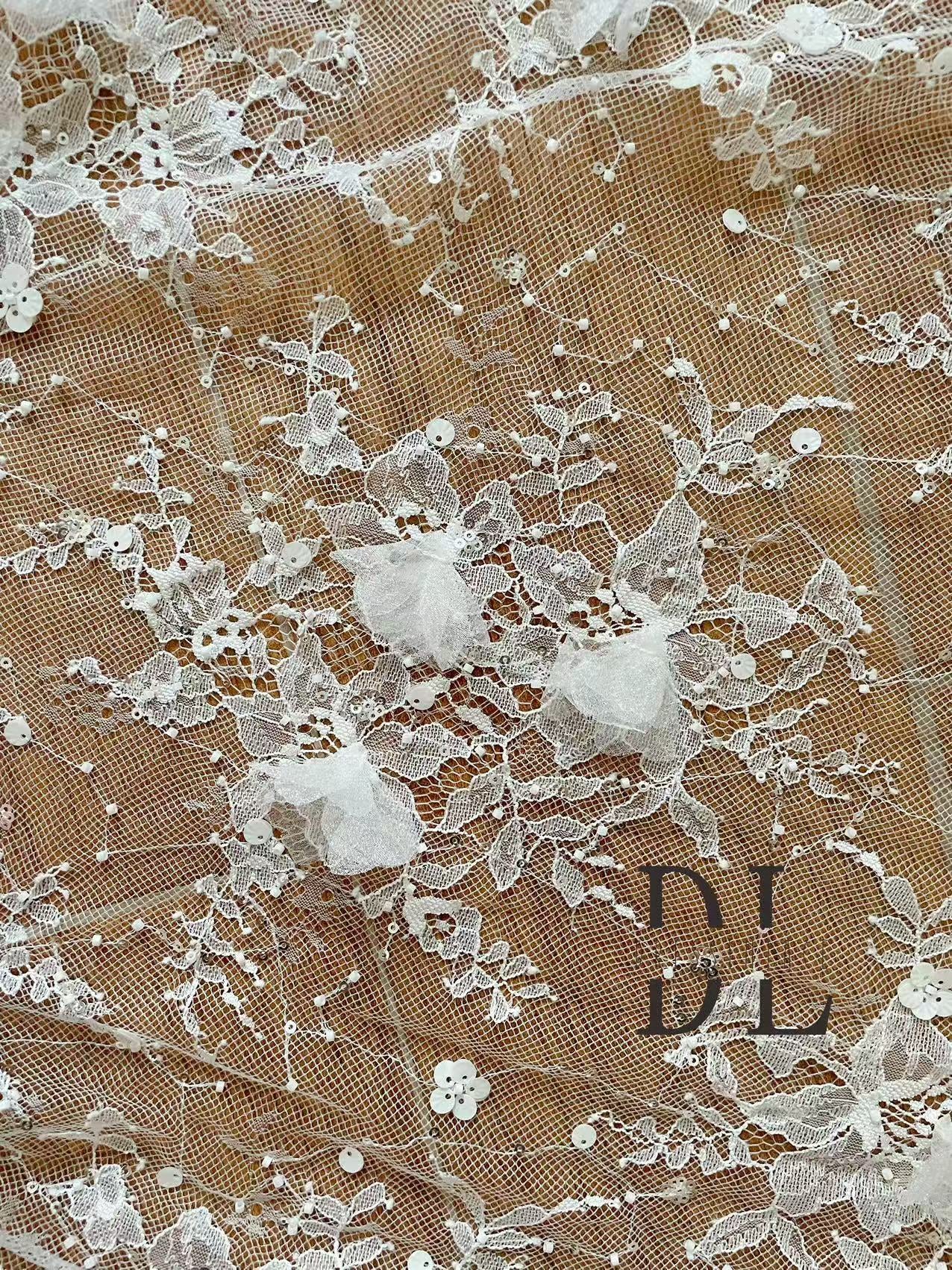 DL130264 3d flowers lace fabric with beads and sequins for formal gowns, wedding dresses, DIY designer clothes
