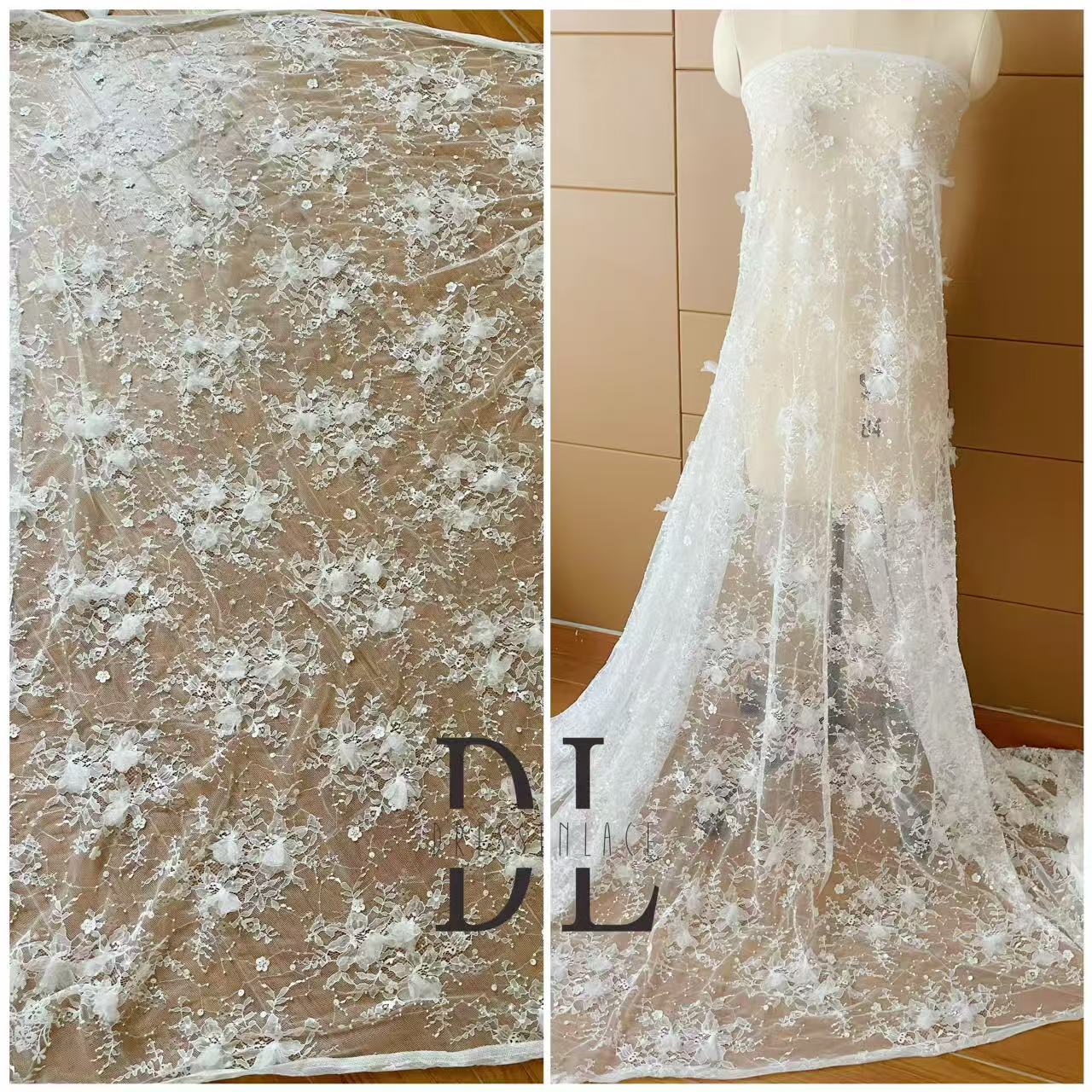 DL130264 3d flowers lace fabric with beads and sequins for formal gowns, wedding dresses, DIY designer clothes