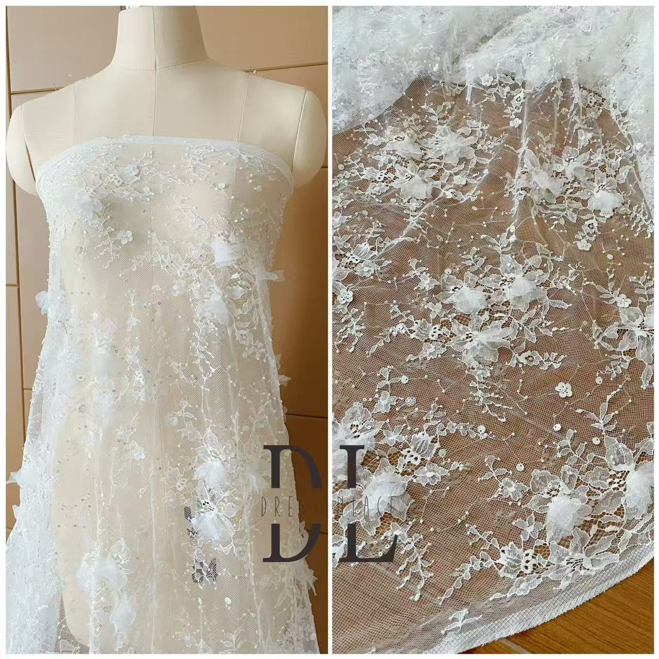 DL130264 3d flowers lace fabric with beads and sequins for formal gowns, wedding dresses, DIY designer clothes