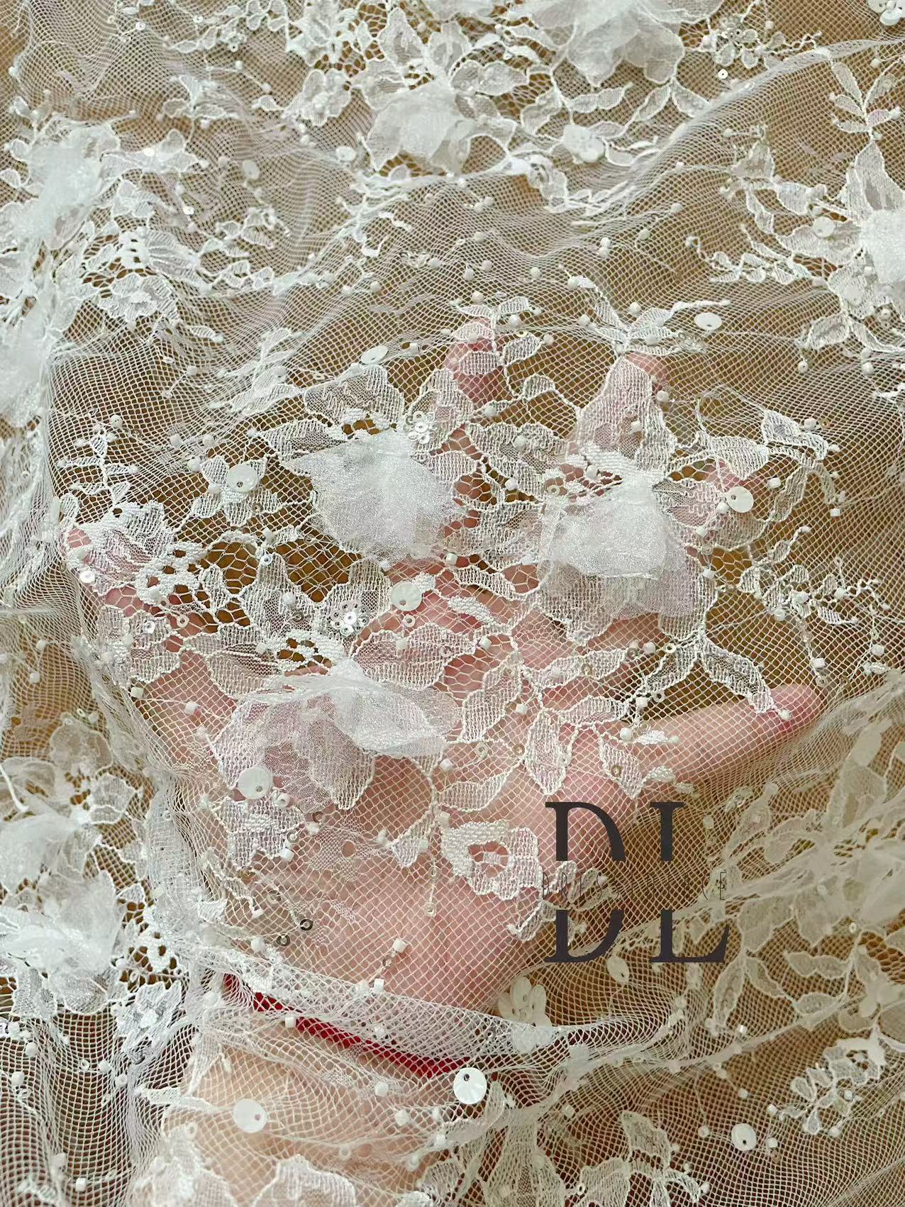 DL130264 3d flowers lace fabric with beads and sequins for formal gowns, wedding dresses, DIY designer clothes