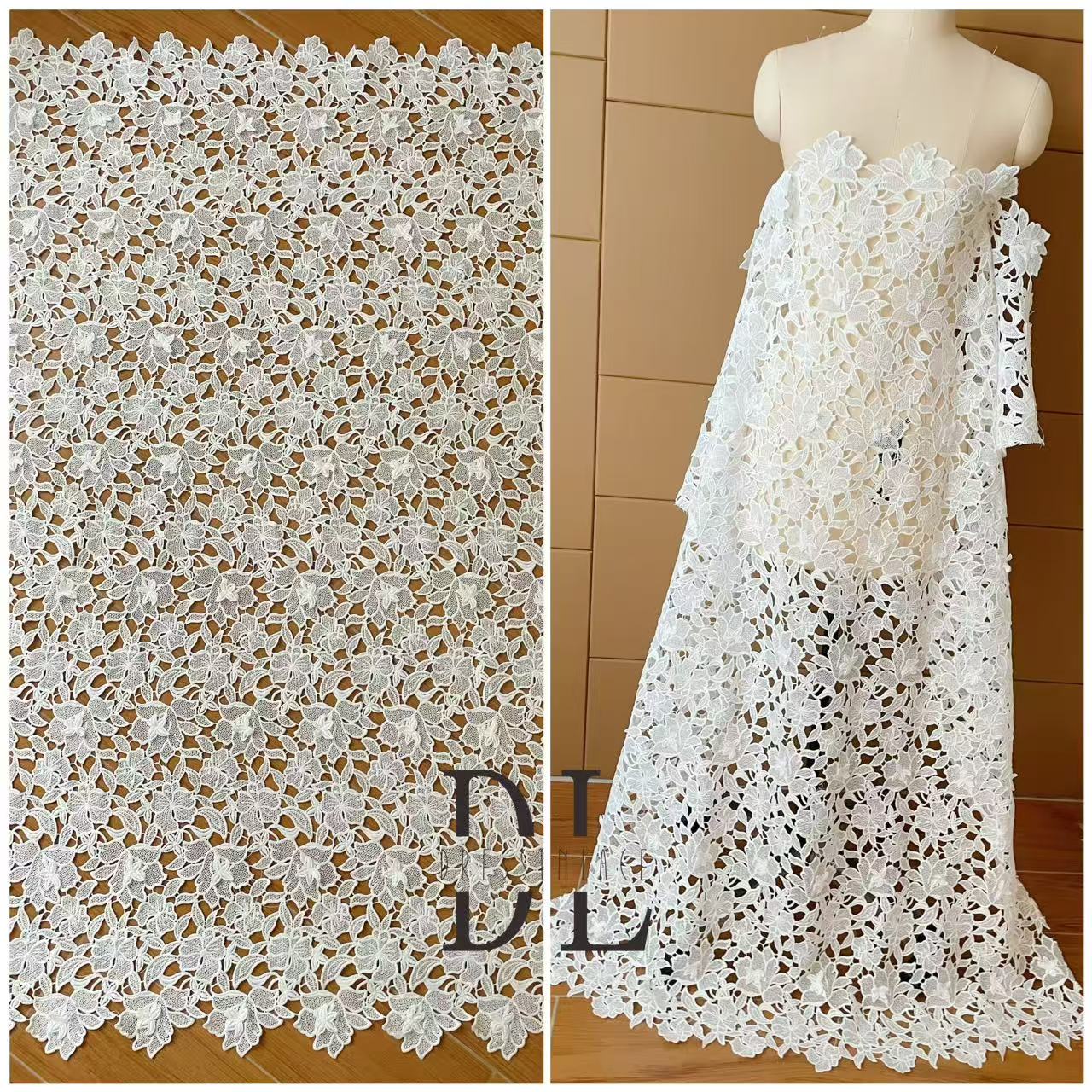 DLG120103 Elegante tejido de encaje floral soluble en agua con delicados bordes ondulados: perfecto para vestidos de novia DLG120103 