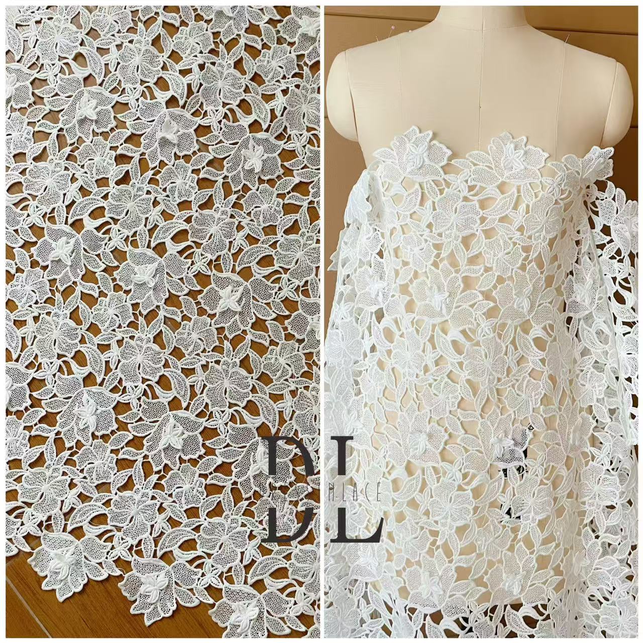 DLG120103 Elegante tejido de encaje floral soluble en agua con delicados bordes ondulados: perfecto para vestidos de novia DLG120103 