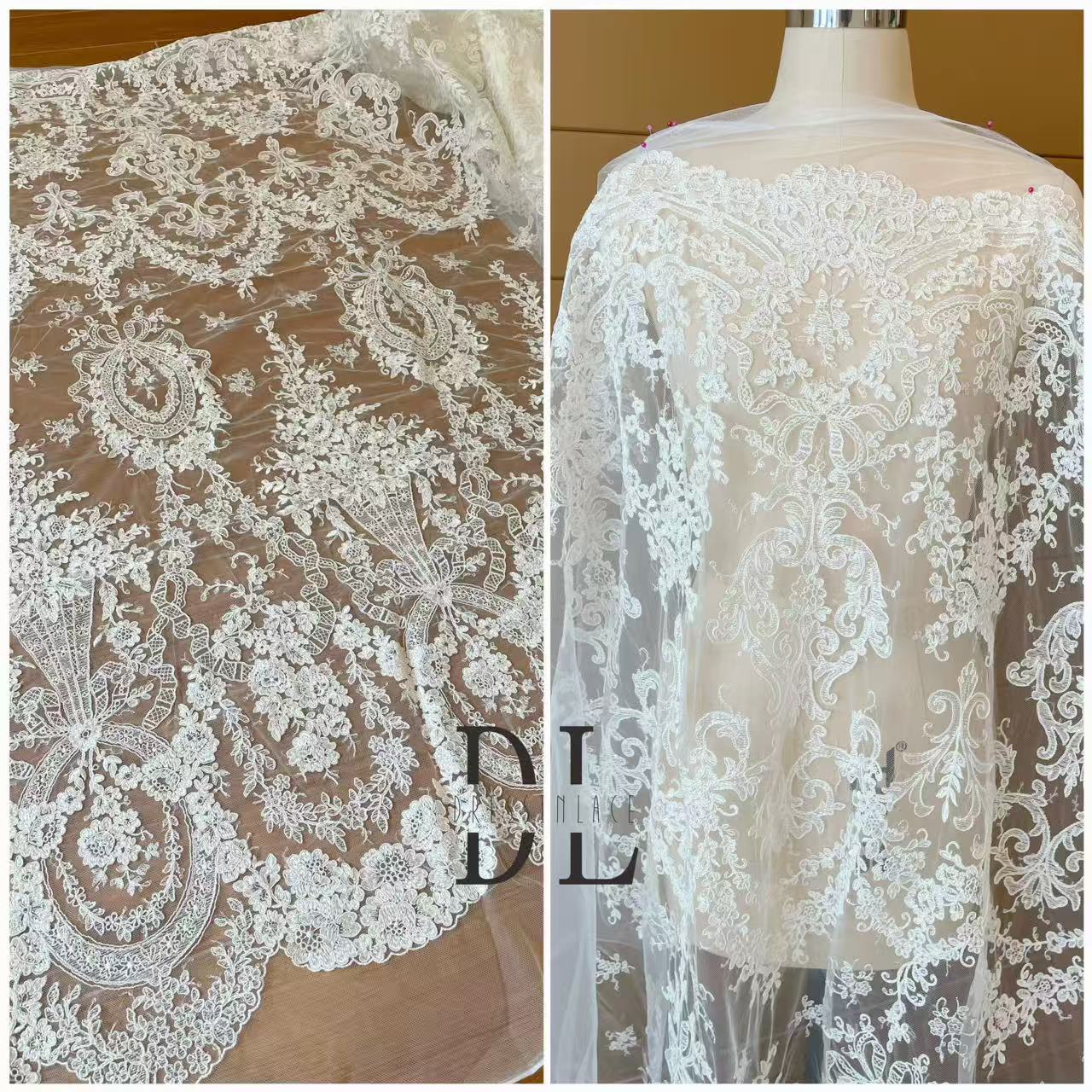 DL130013 Tejido de encaje de flores de satén 3D suave de alta calidad con cuentas de perlas para vestidos de novia 