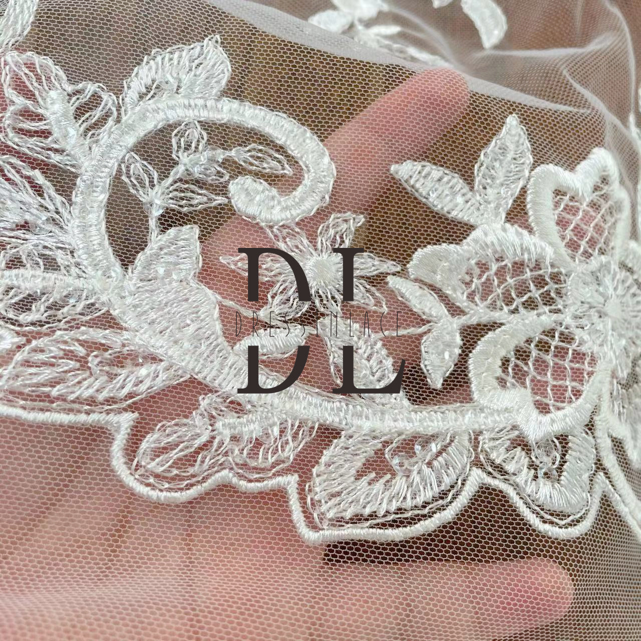 DL130001 Professional Embroidery Lace Fabric for Wedding Dresses – Shimmering and Transparent with Soft, Skin-Friendly Texture