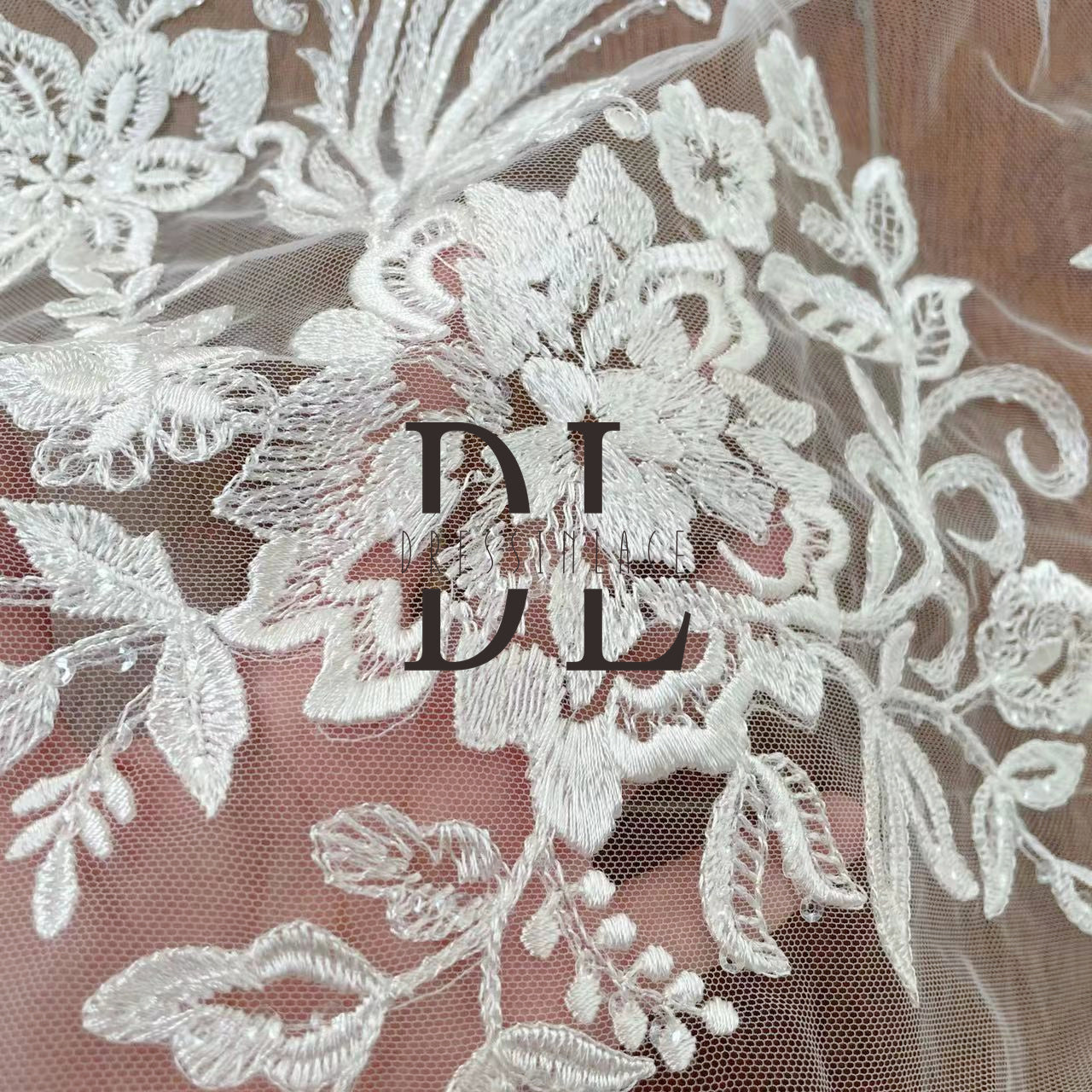 DL130001 Professional Embroidery Lace Fabric for Wedding Dresses – Shimmering and Transparent with Soft, Skin-Friendly Texture