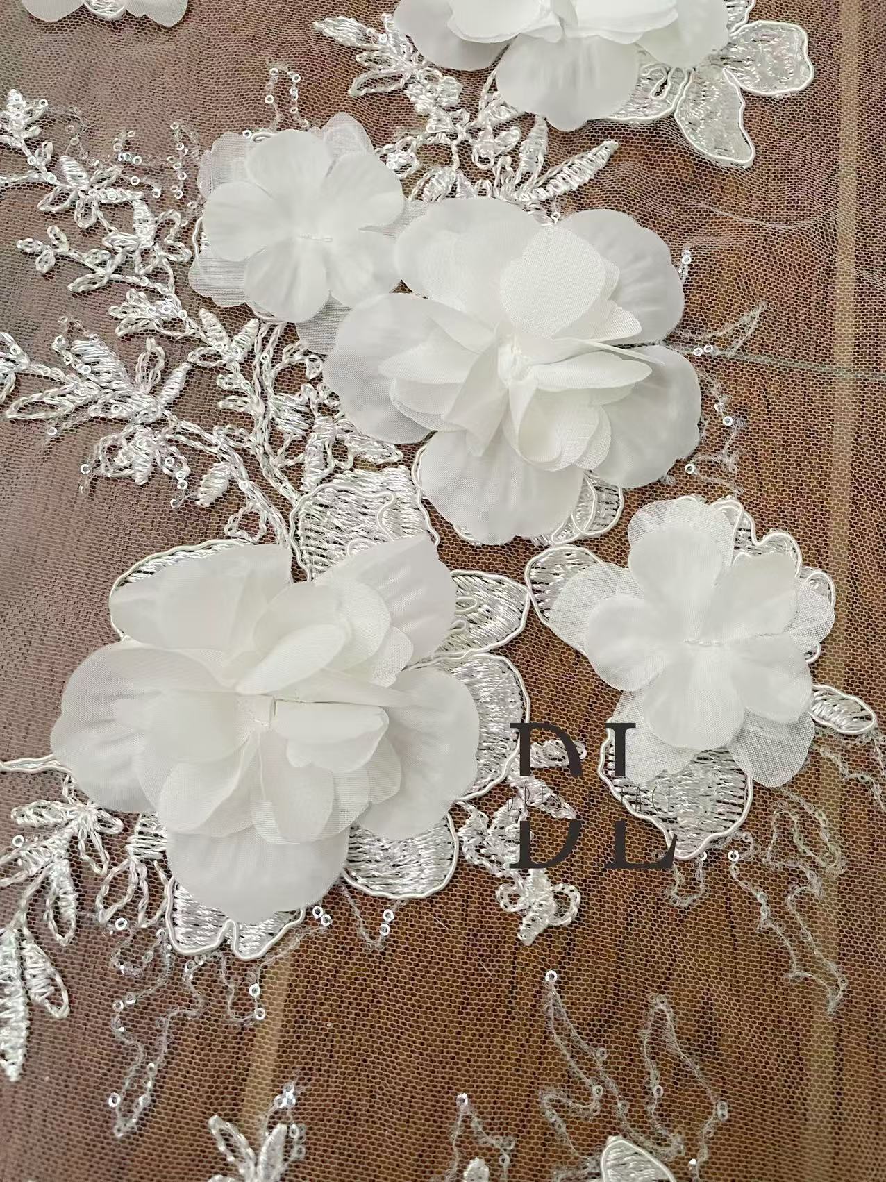 DL130207 High-quality soft 3D flowers embroidered lace fabric with beads for wedding dresses