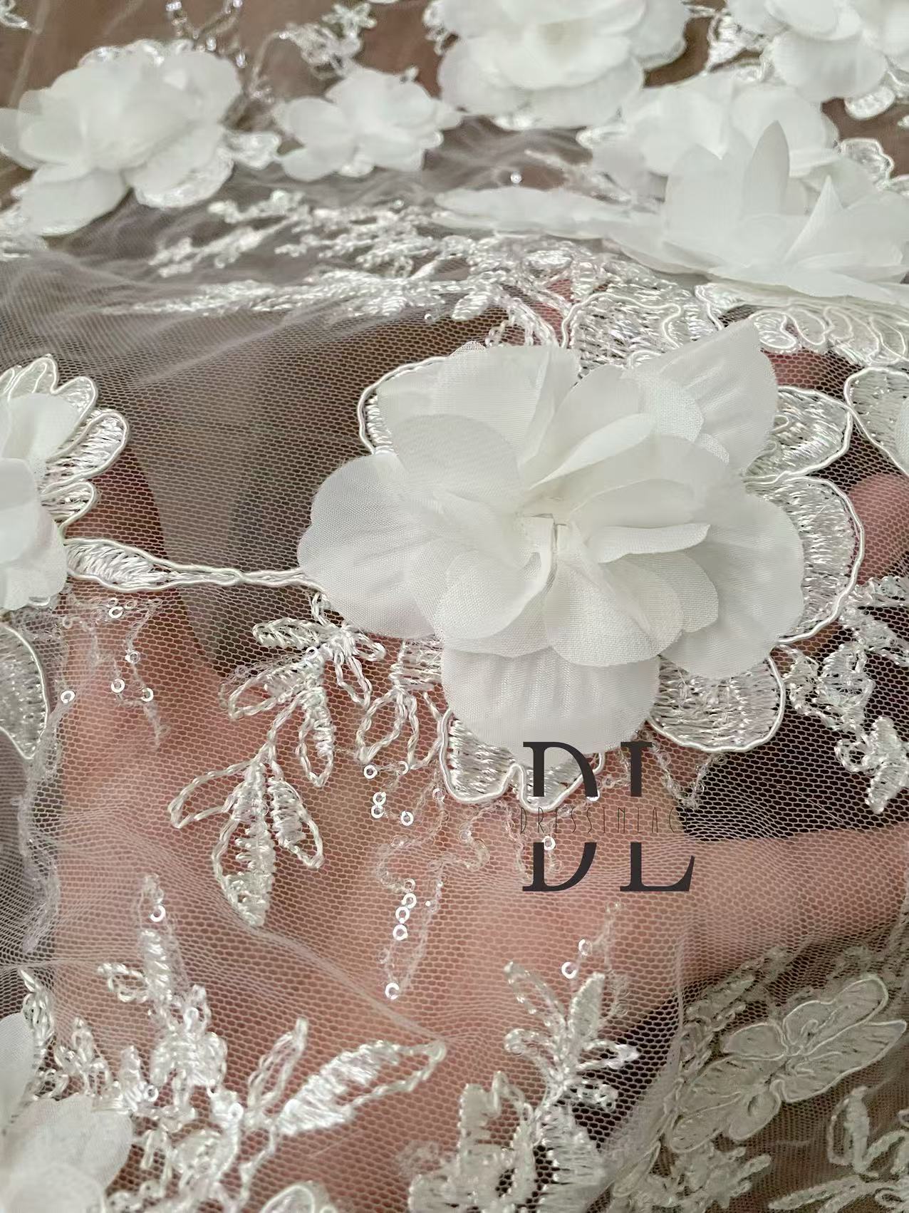 DL130207 High-quality soft 3D flowers embroidered lace fabric with beads for wedding dresses