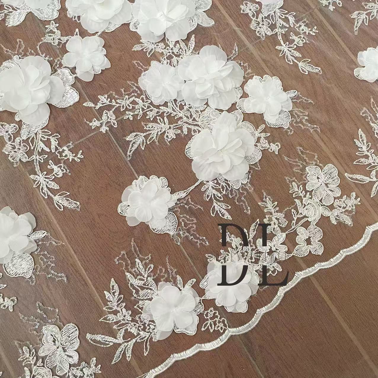 DL130207 High-quality soft 3D flowers embroidered lace fabric with beads for wedding dresses