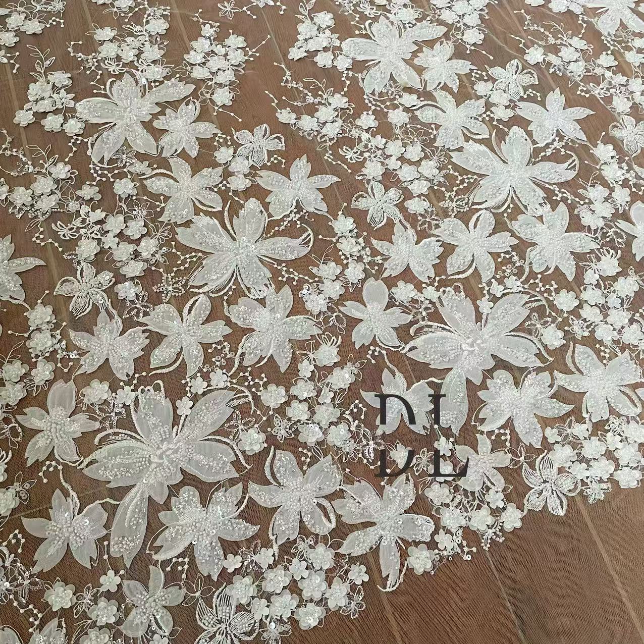 DL130206 High-quality chiffon flowers embroidered lace fabric with beads and sequins for wedding dresses