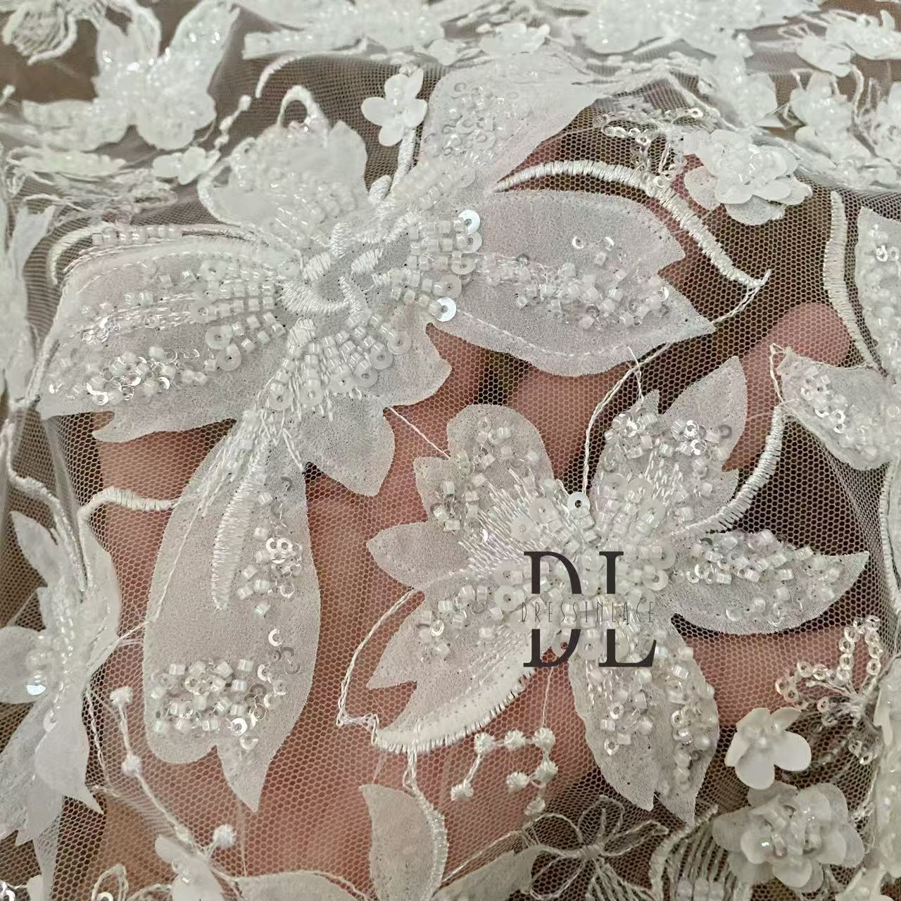 DL130206 High-quality chiffon flowers embroidered lace fabric with beads and sequins for wedding dresses